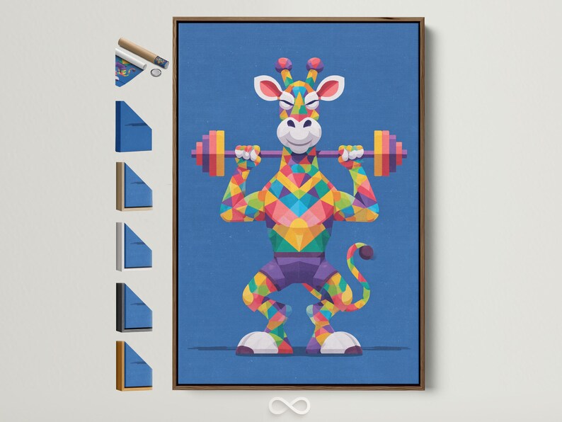 Geometric giraffe lifting dumbbells in bright multicolour polygons on a blue background