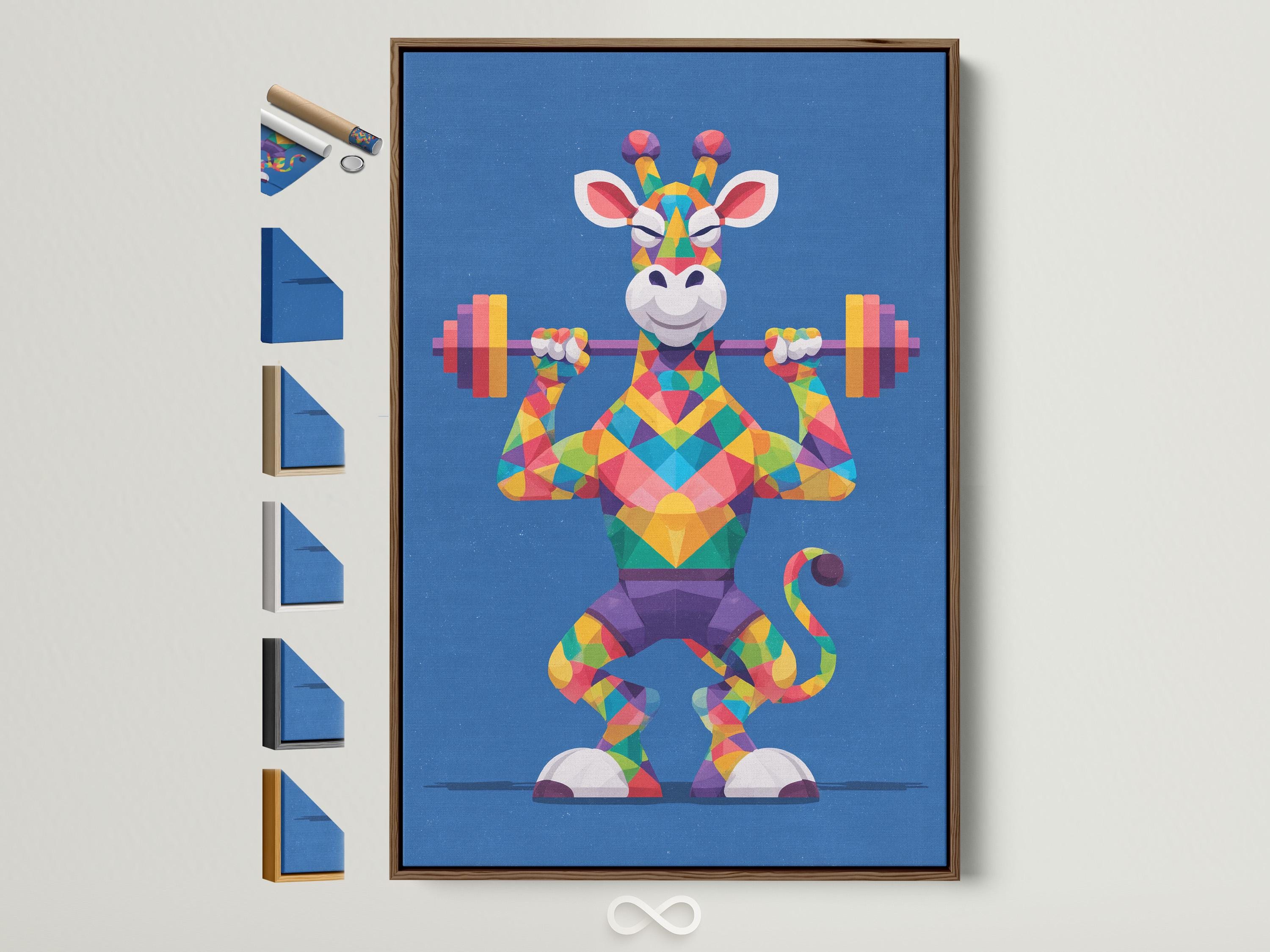 Geometric giraffe lifting dumbbells in bright multicolour polygons on a blue background