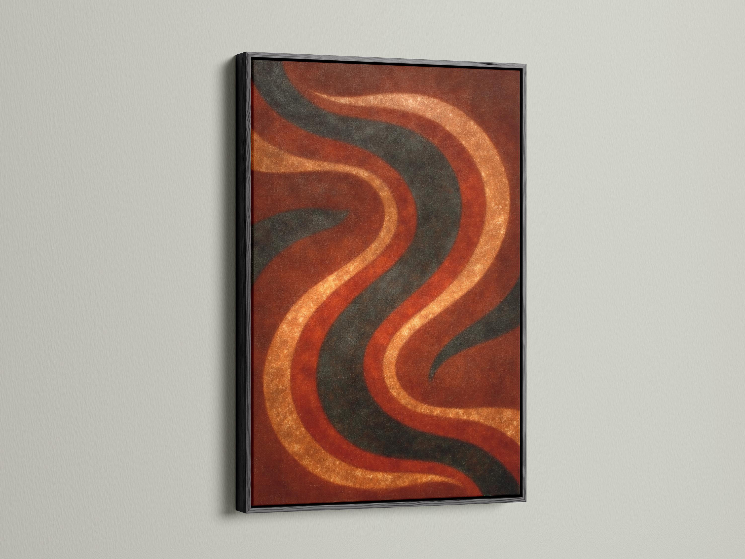 Abstract wave pattern with rust orange and amber gold curves and dark charcoal lines detail view