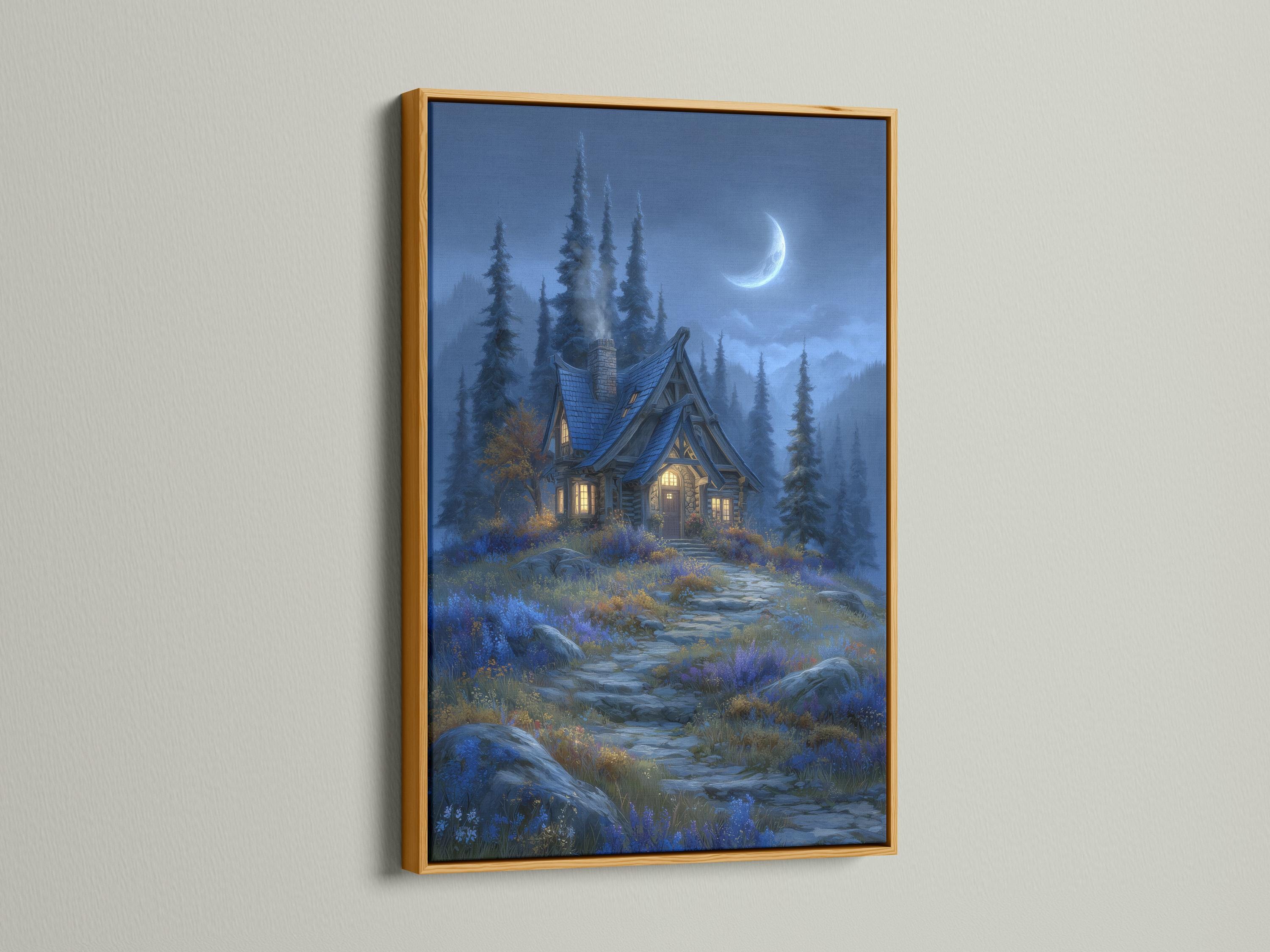 Moonlit cottage in a blue forest with tall pine trees, a full moon, and a winding path detail view
