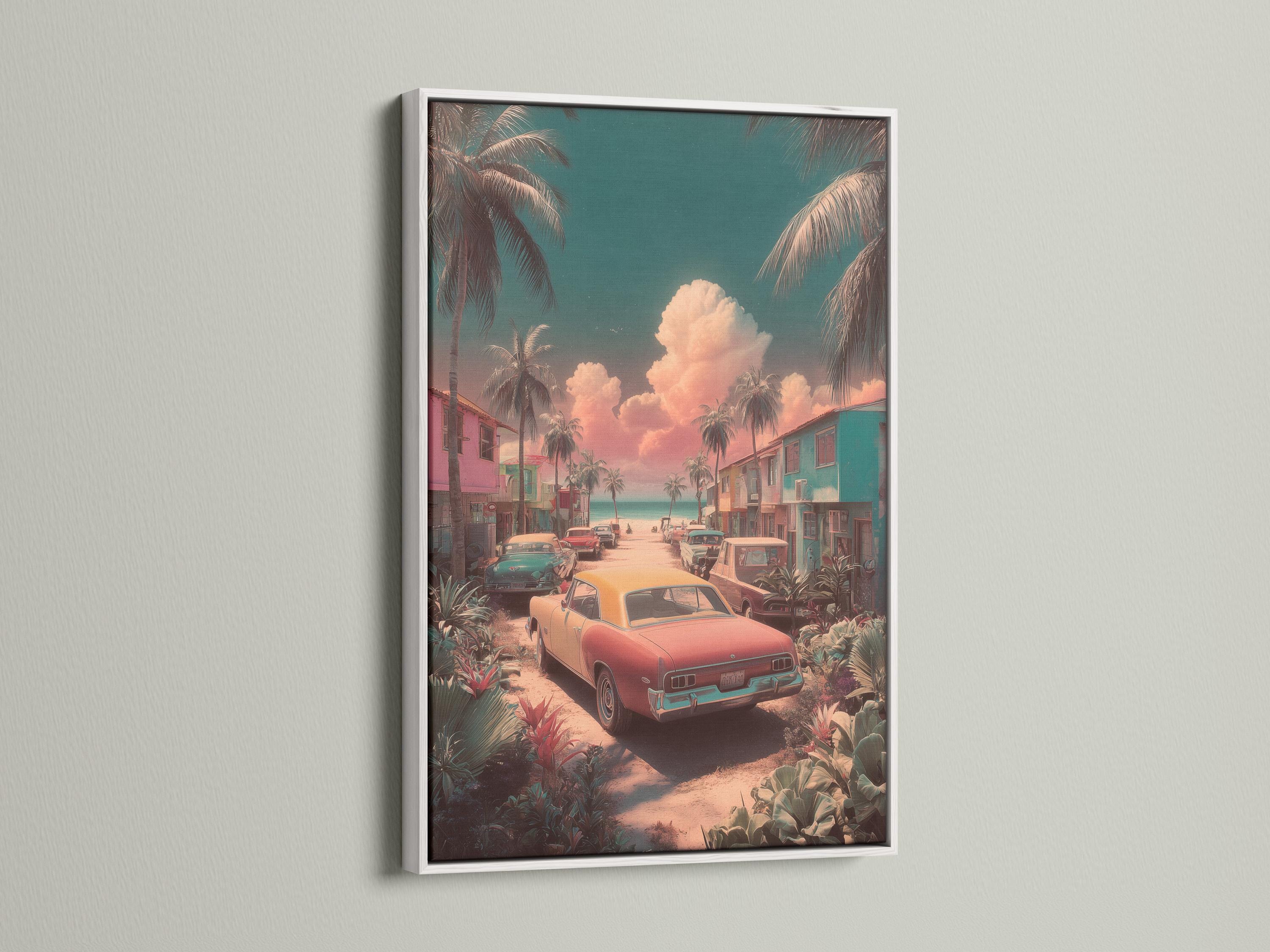 Retro coastal street illustration with classic cars, palm trees, and a teal pink sunset sky detail view