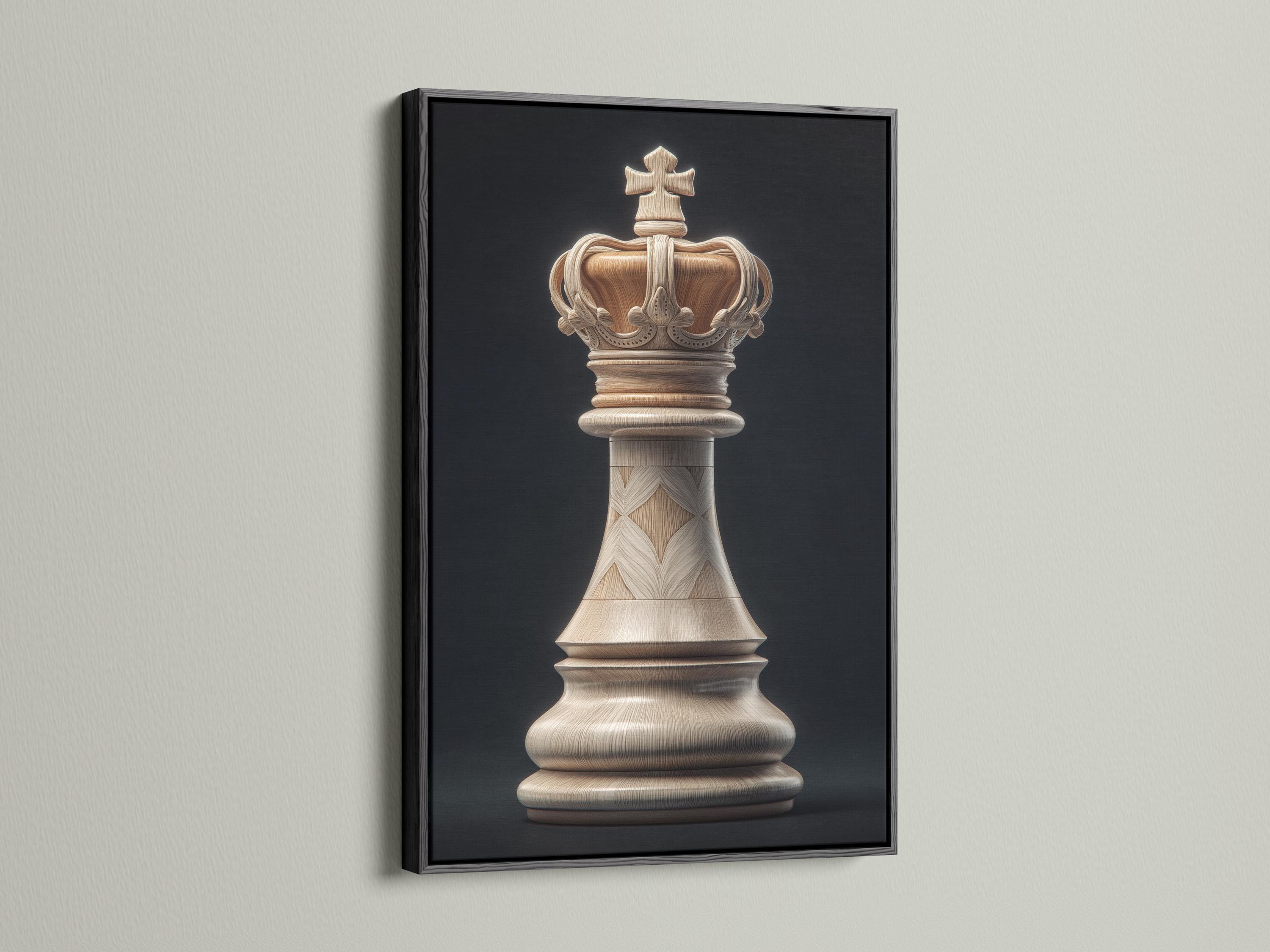 Portrait artwork of a pale wood-textured chess king on a dark charcoal background detail view