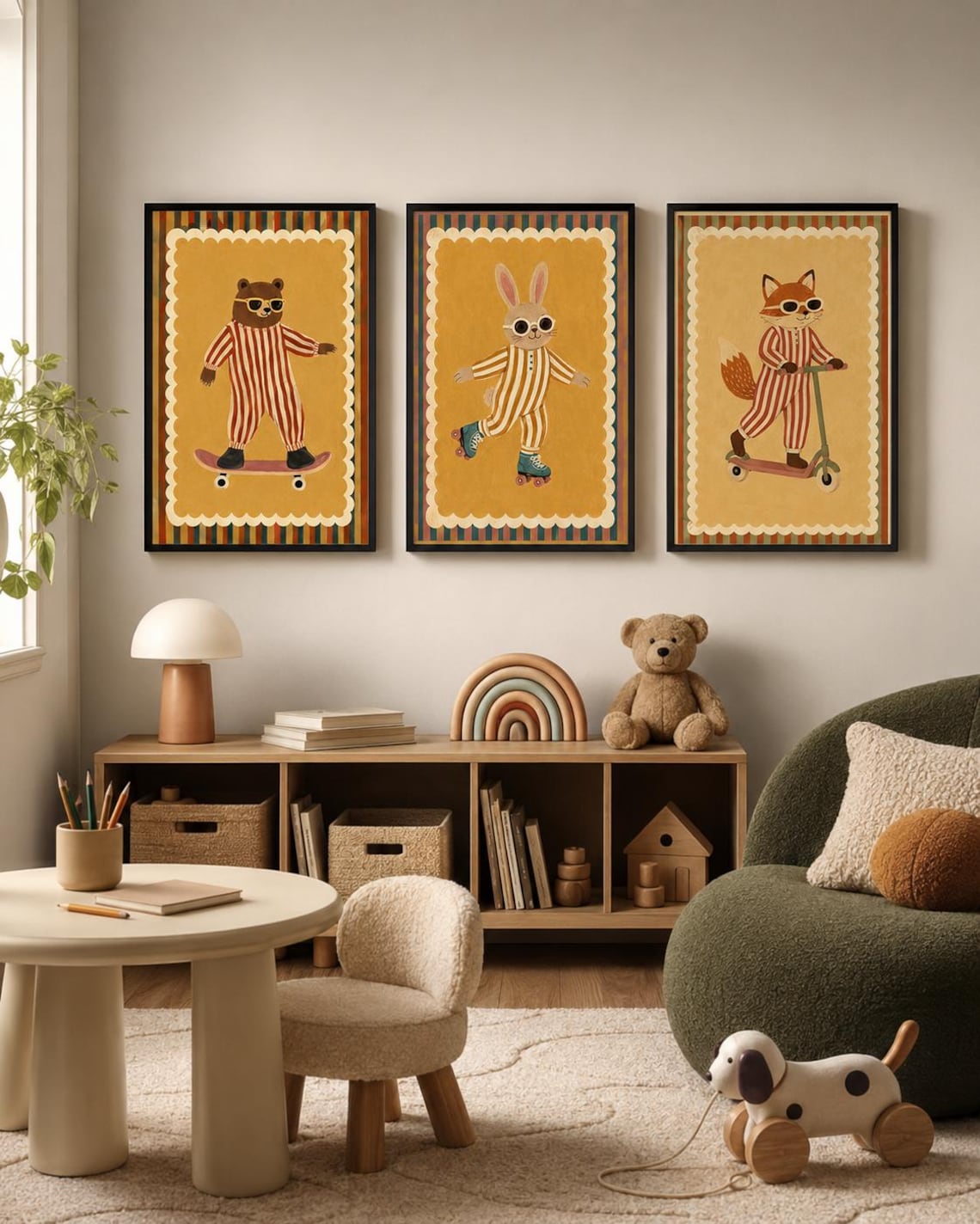 Three illustrated animal characters on skate and scooter wheels in warm mustard tones detail view