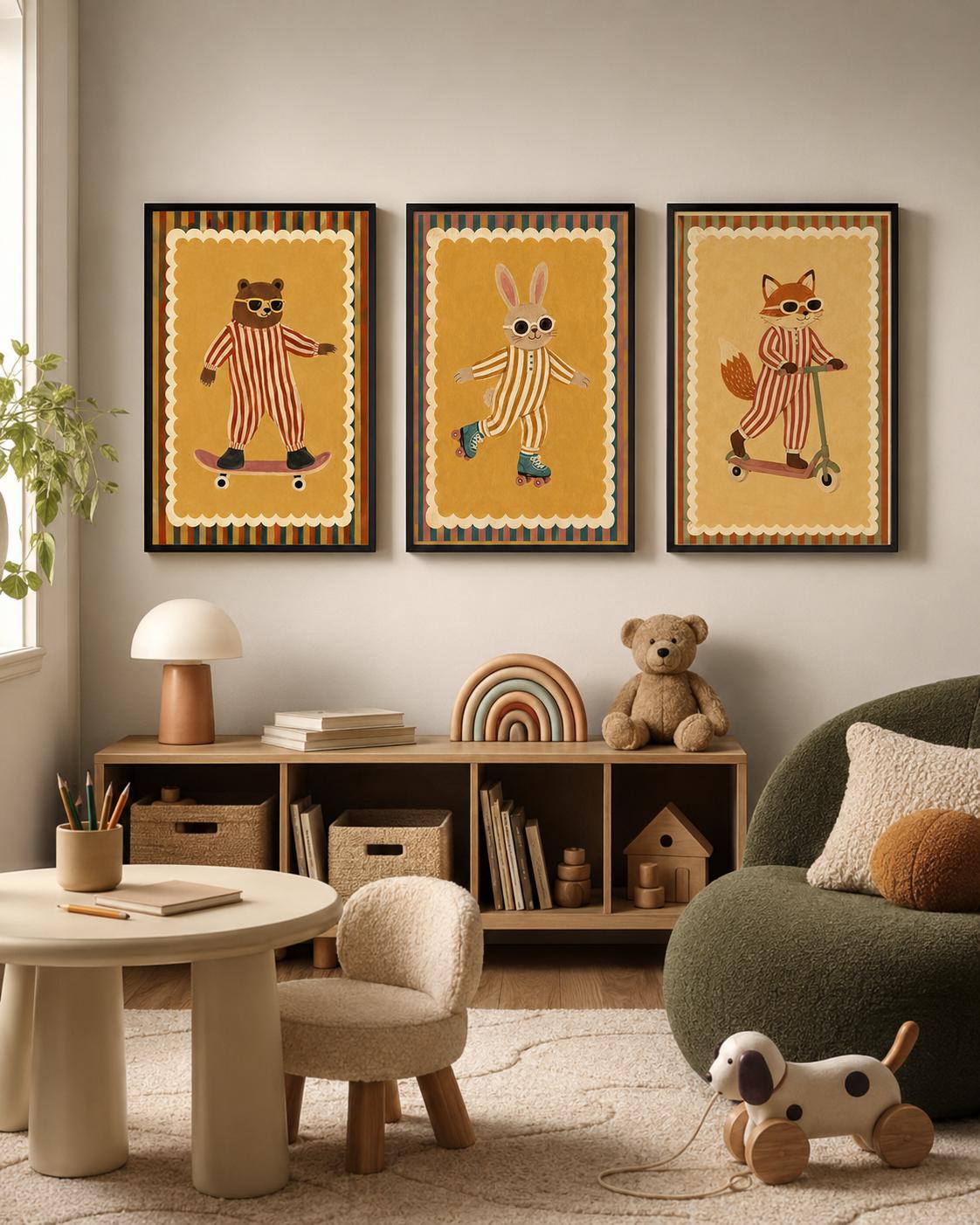 Three illustrated animal characters on skate and scooter wheels in warm mustard tones detail view