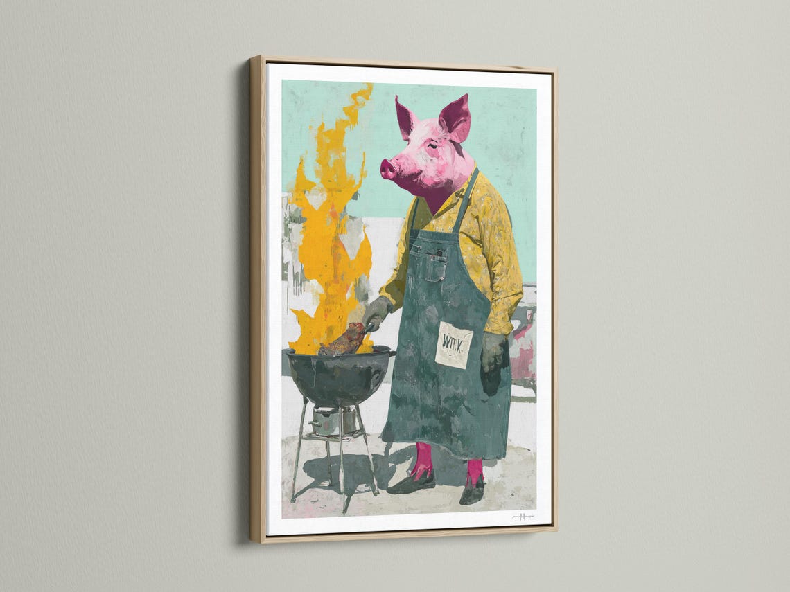 Quirky pig chef illustration by a grill with yellow flames and a mint green background detail view
