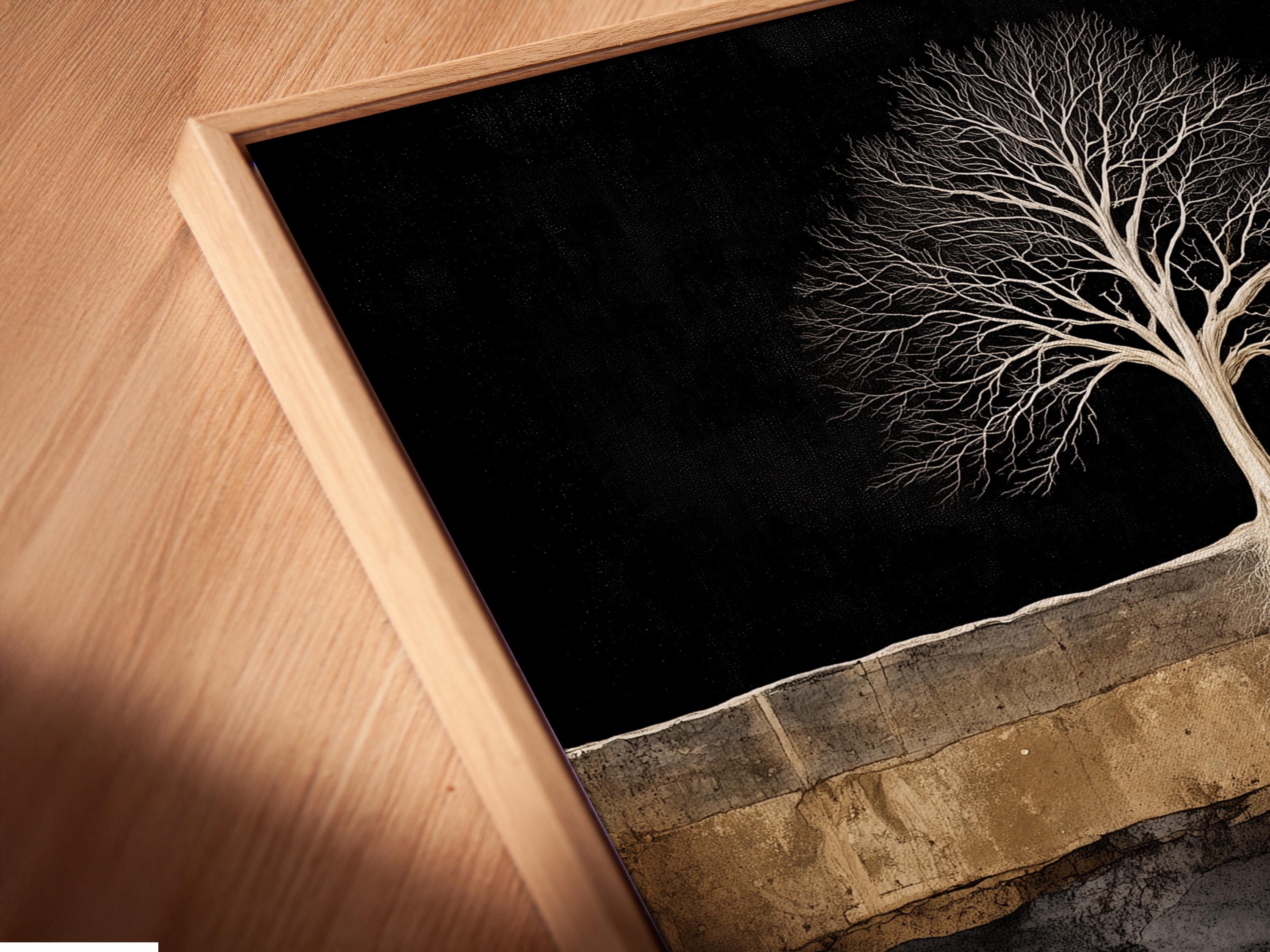 Room mockup with a person reading and a dark tree roots artwork above a bed
