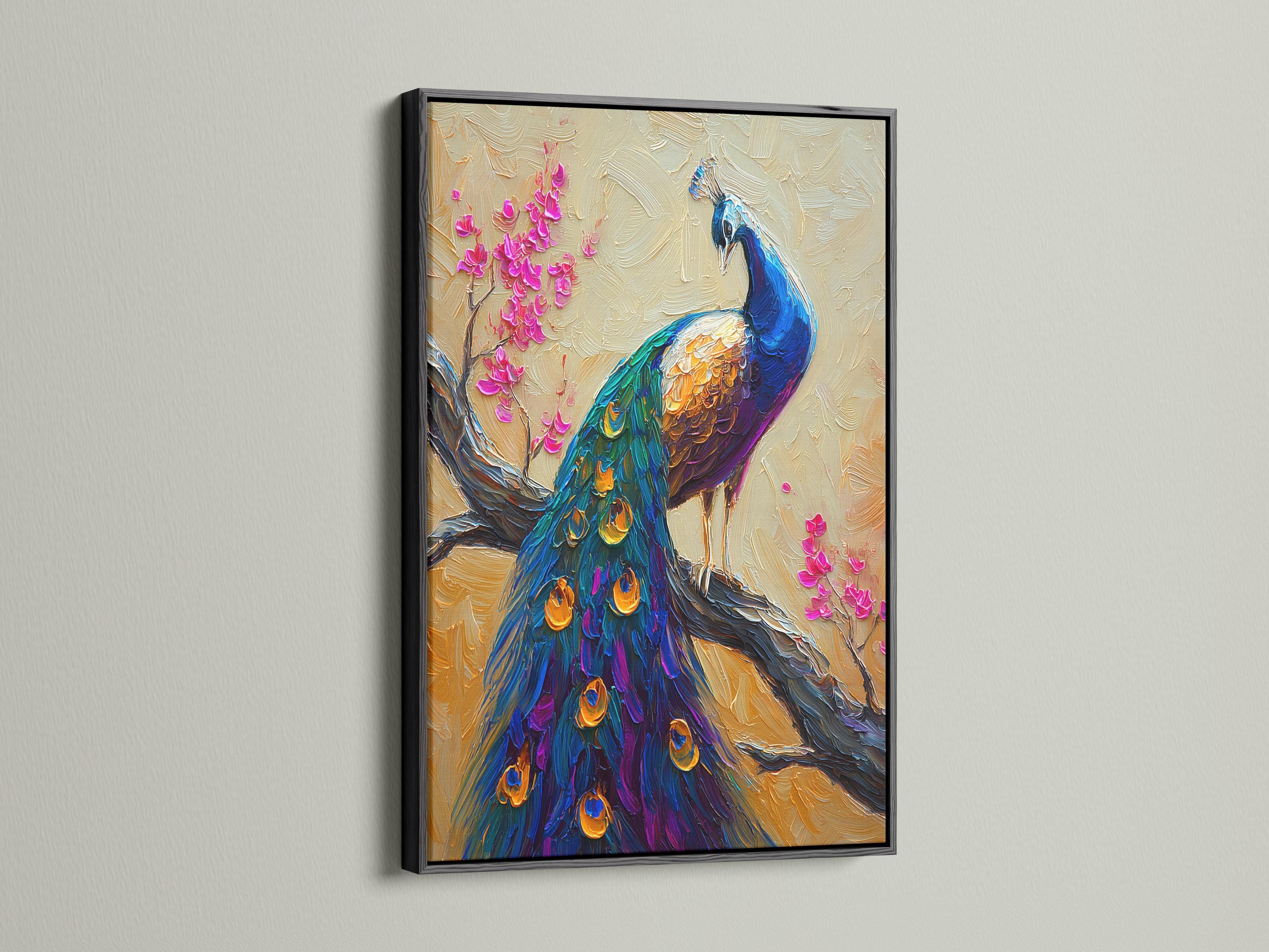 Vibrant peacock with jewel-toned blue feathers beside pink cherry blossom branches on a cream textured background detail view