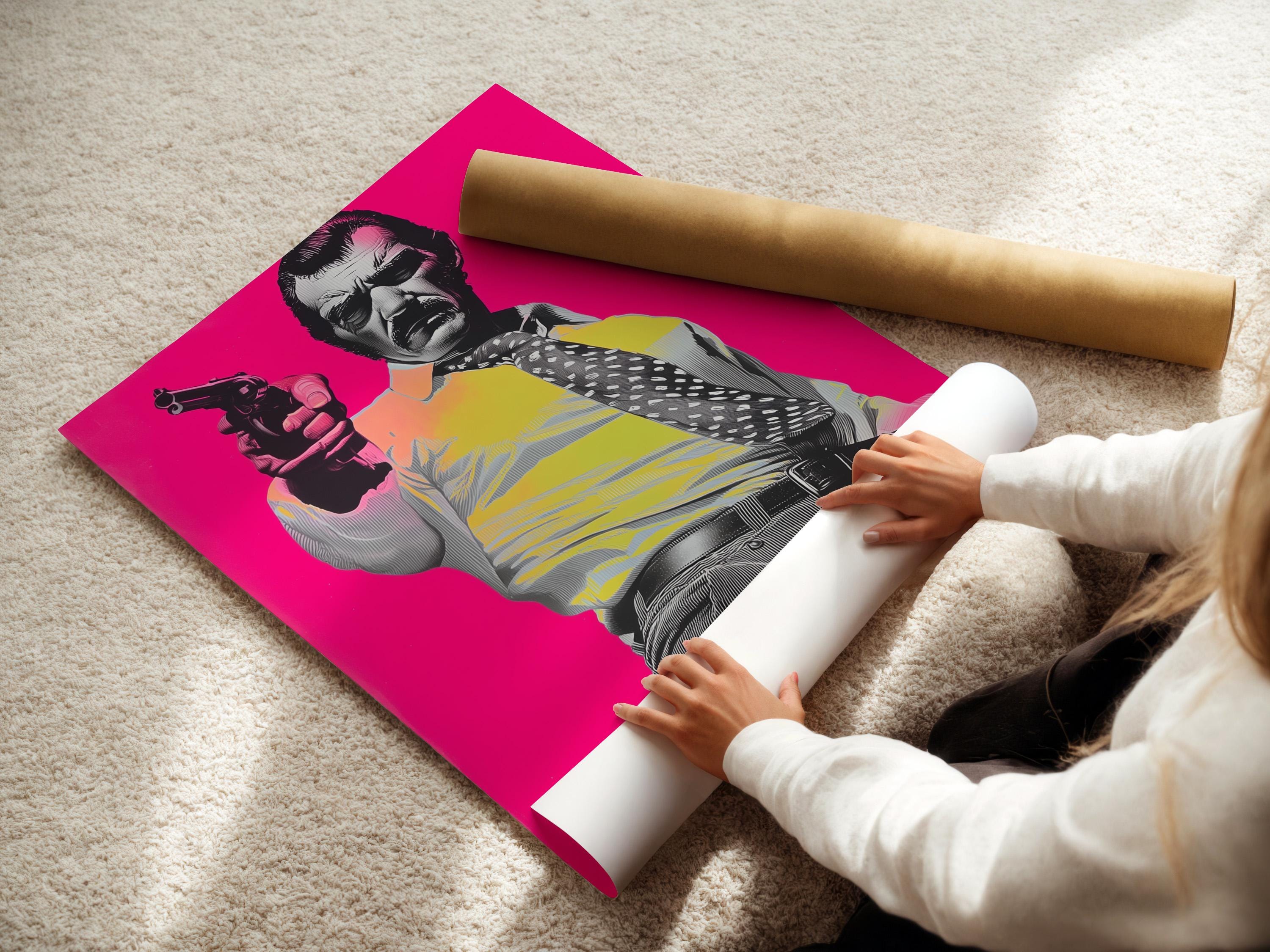 Hot-pink pop-art portrait of a man holding a handgun in black-and-white halftone style detail view