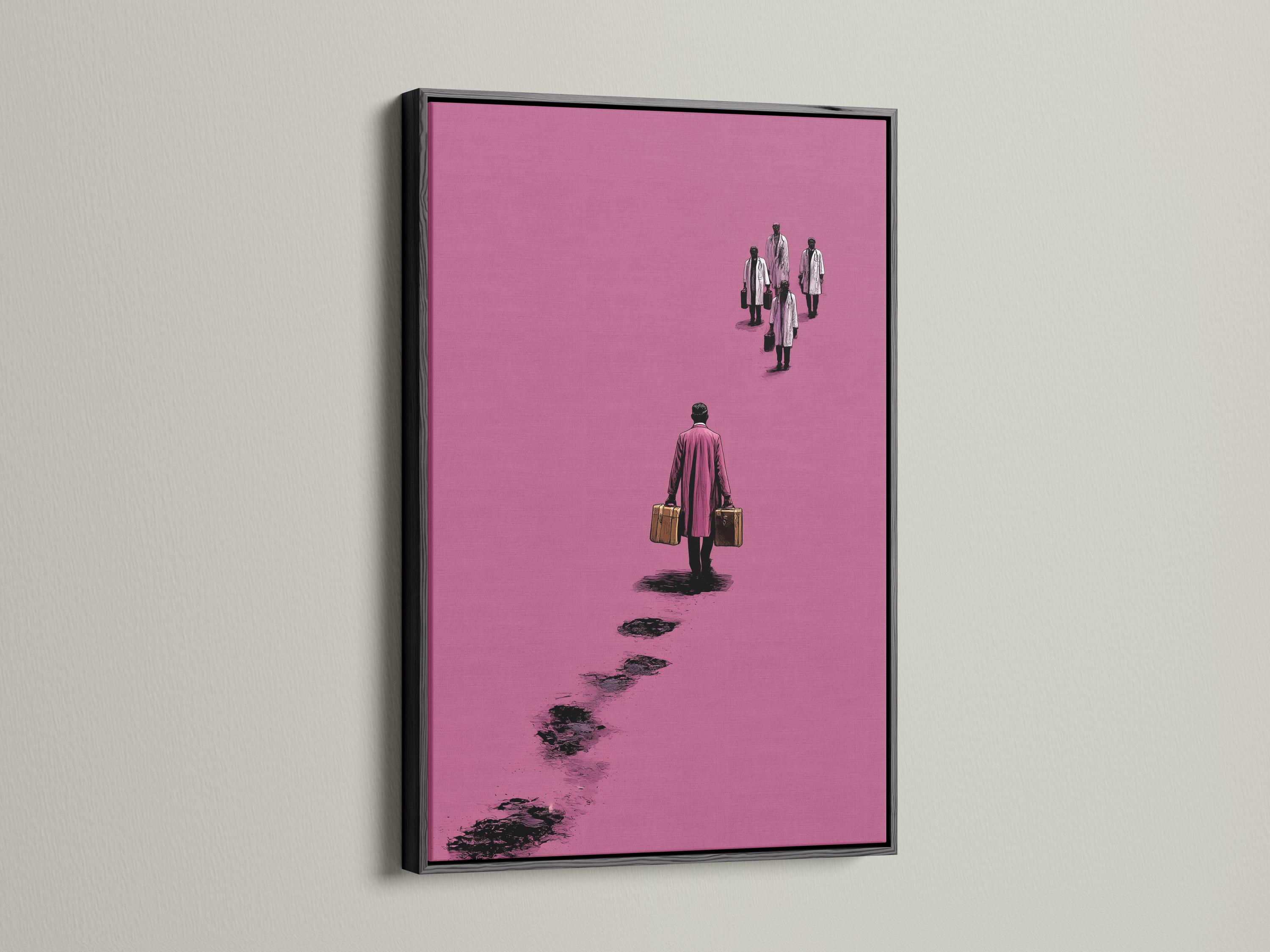 Mockup showing a framed pink minimalist traveller figure artwork on a light background
