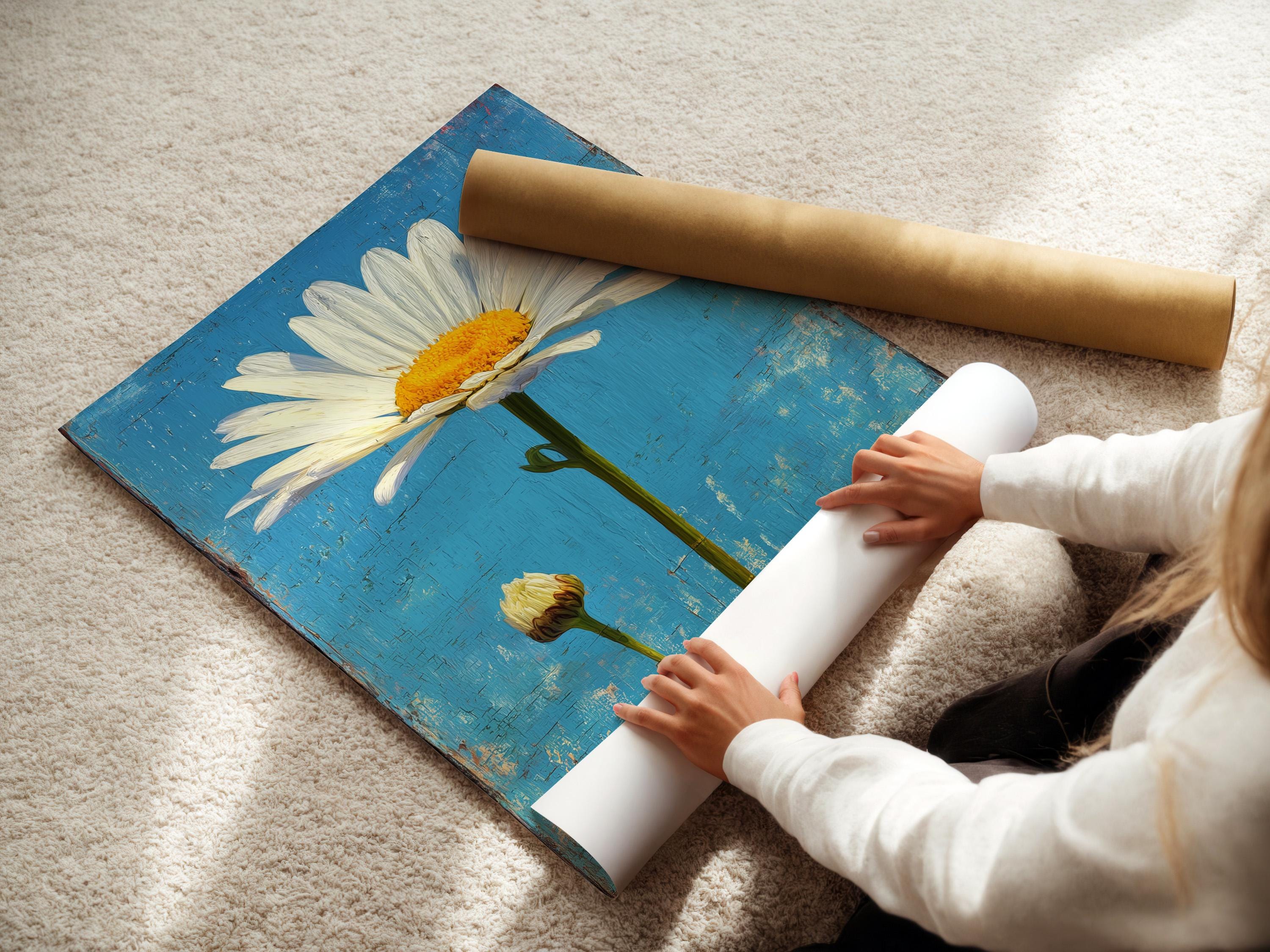 Daisy wall art in a framed mockup on a light background with other frame options