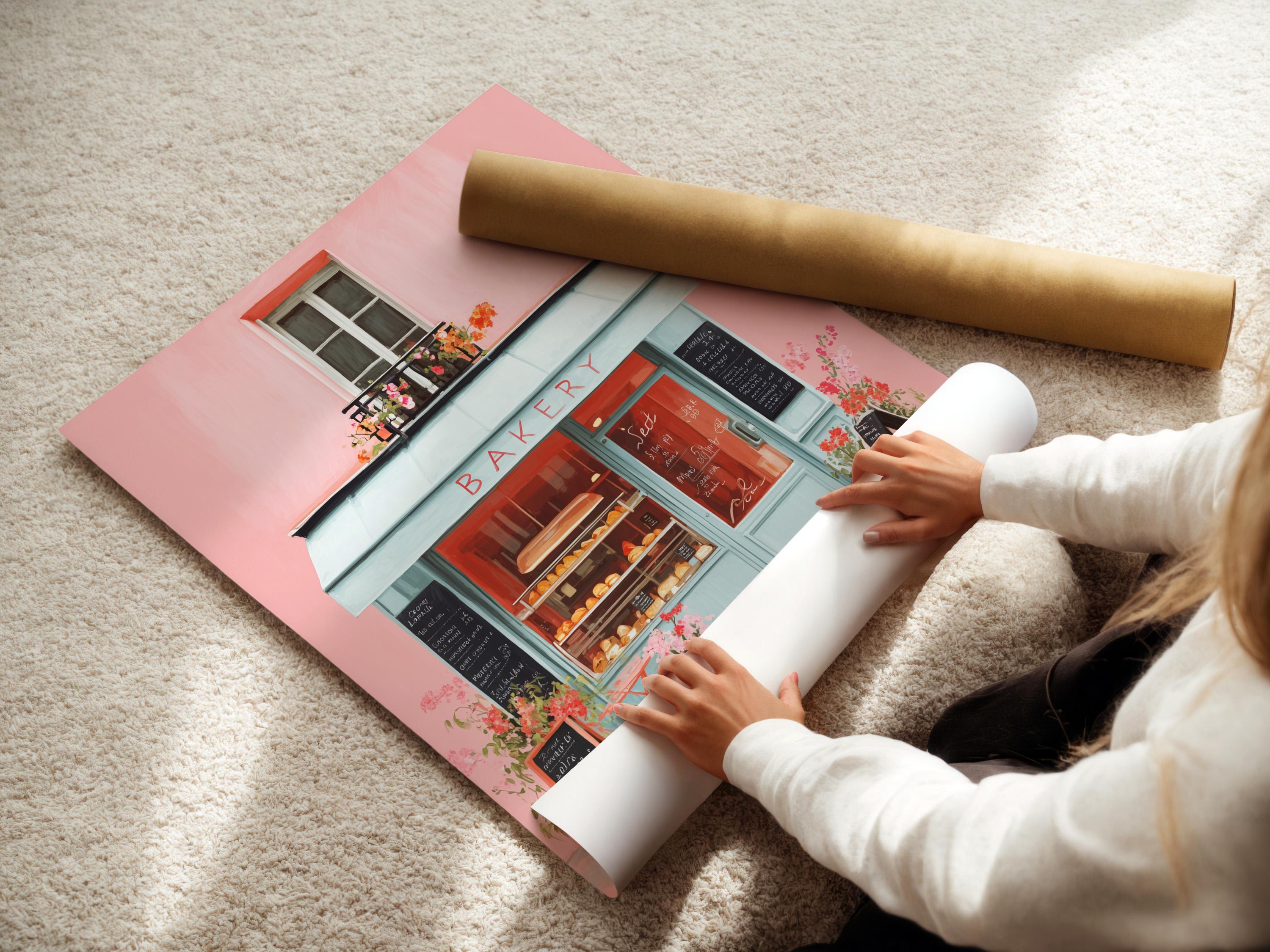 Room mockup showing a framed pastel bakery shopfront illustration