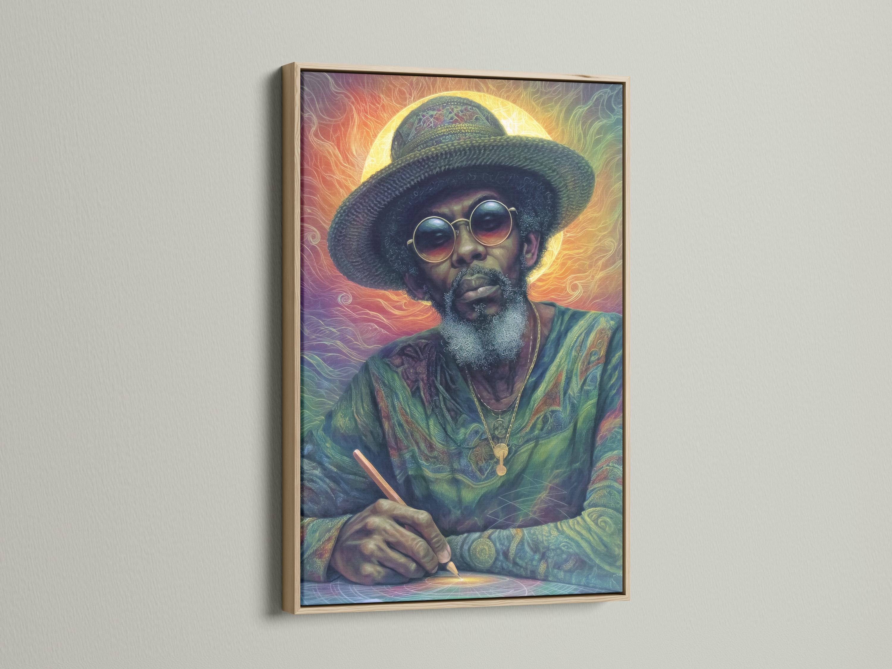 Stylised portrait of a man wearing a wide-brimmed hat and round glasses with a warm glowing halo background detail view