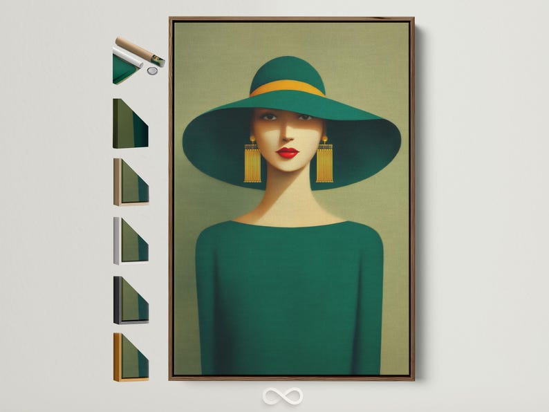 Stylised woman portrait with a wide green hat, teal outfit, gold tassel earrings and red lips
