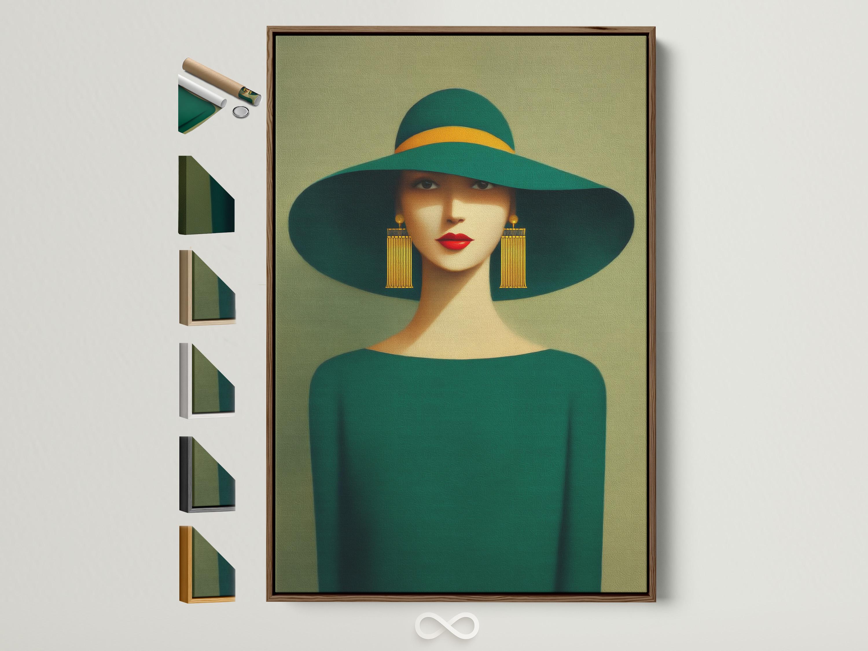 Stylised woman portrait with a wide green hat, teal outfit, gold tassel earrings and red lips