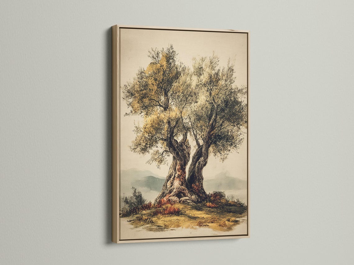 Vintage botanical tree illustration with a dark trunk, golden foliage and soft reflections detail view