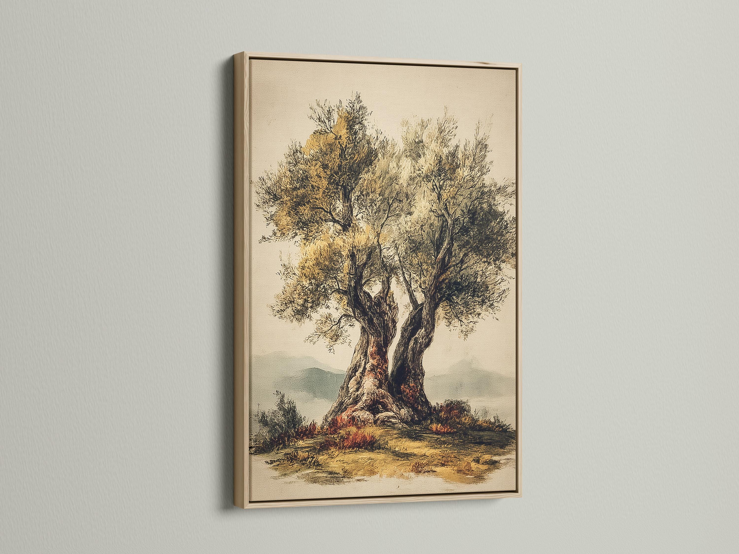 Vintage botanical tree illustration with a dark trunk, golden foliage and soft reflections detail view