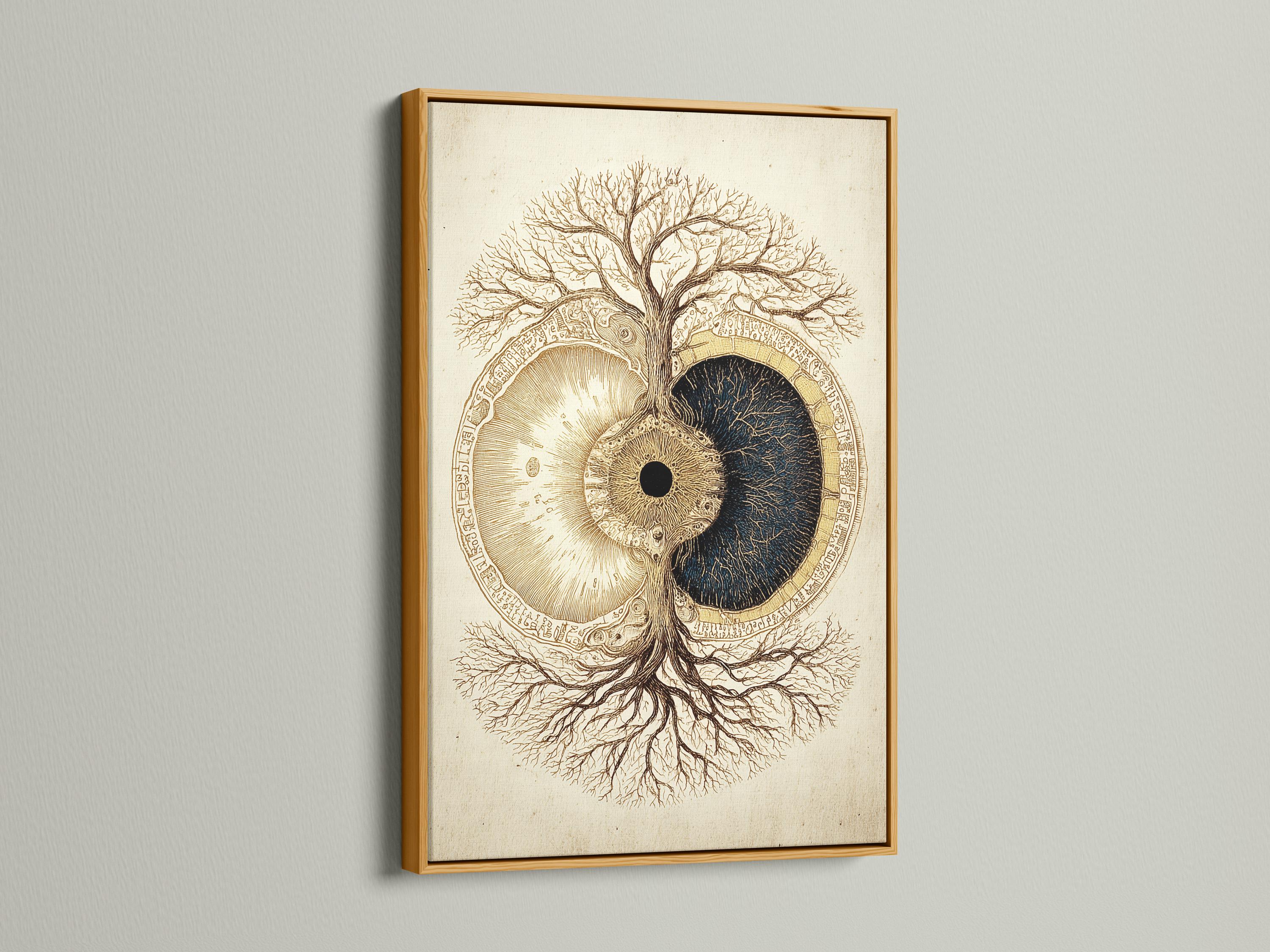 Tree of life symbol with gold and dark navy split circle on a beige background detail view