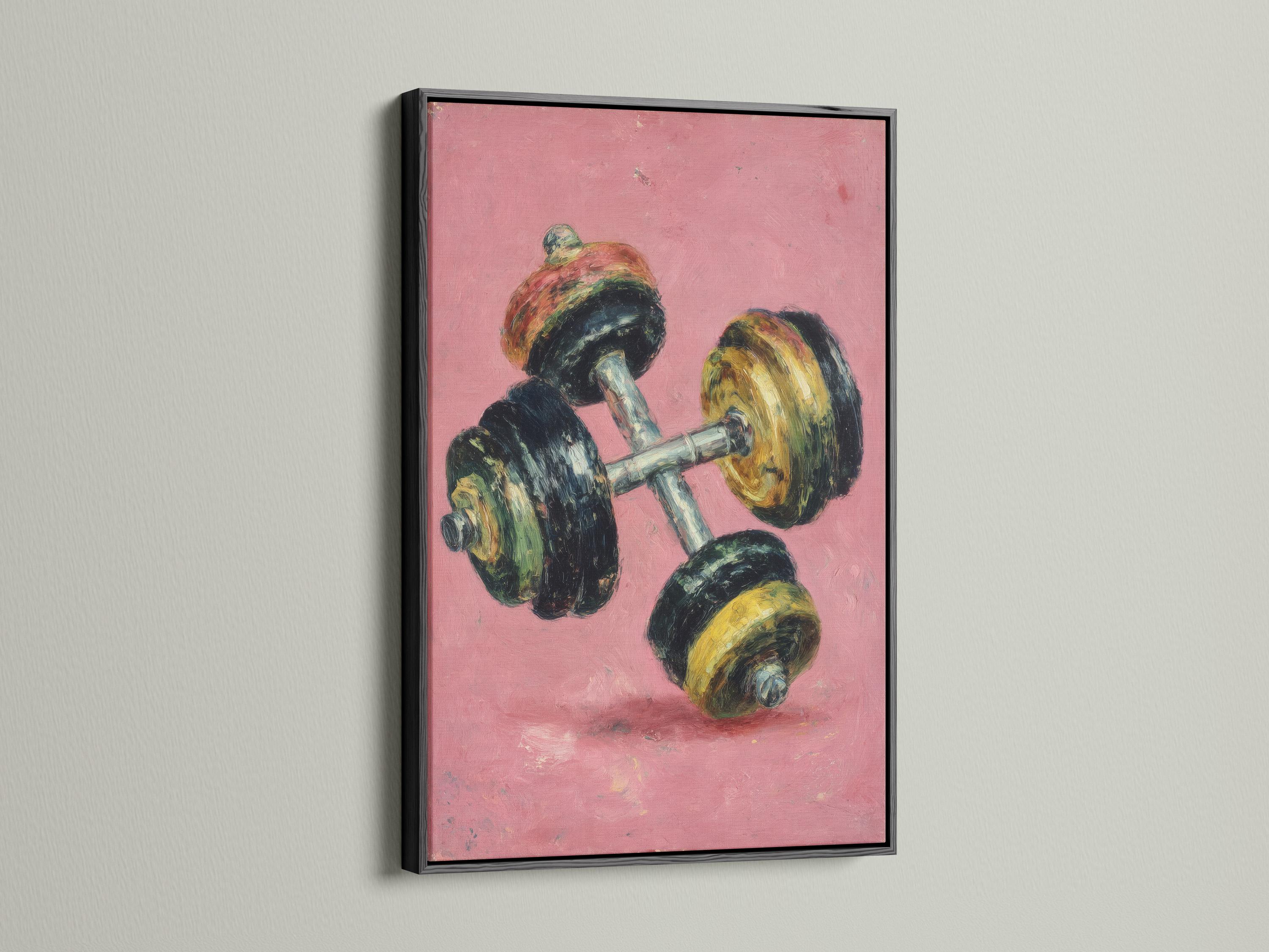 Wall mockup showing a retro dumbbell artwork on a pink textured background