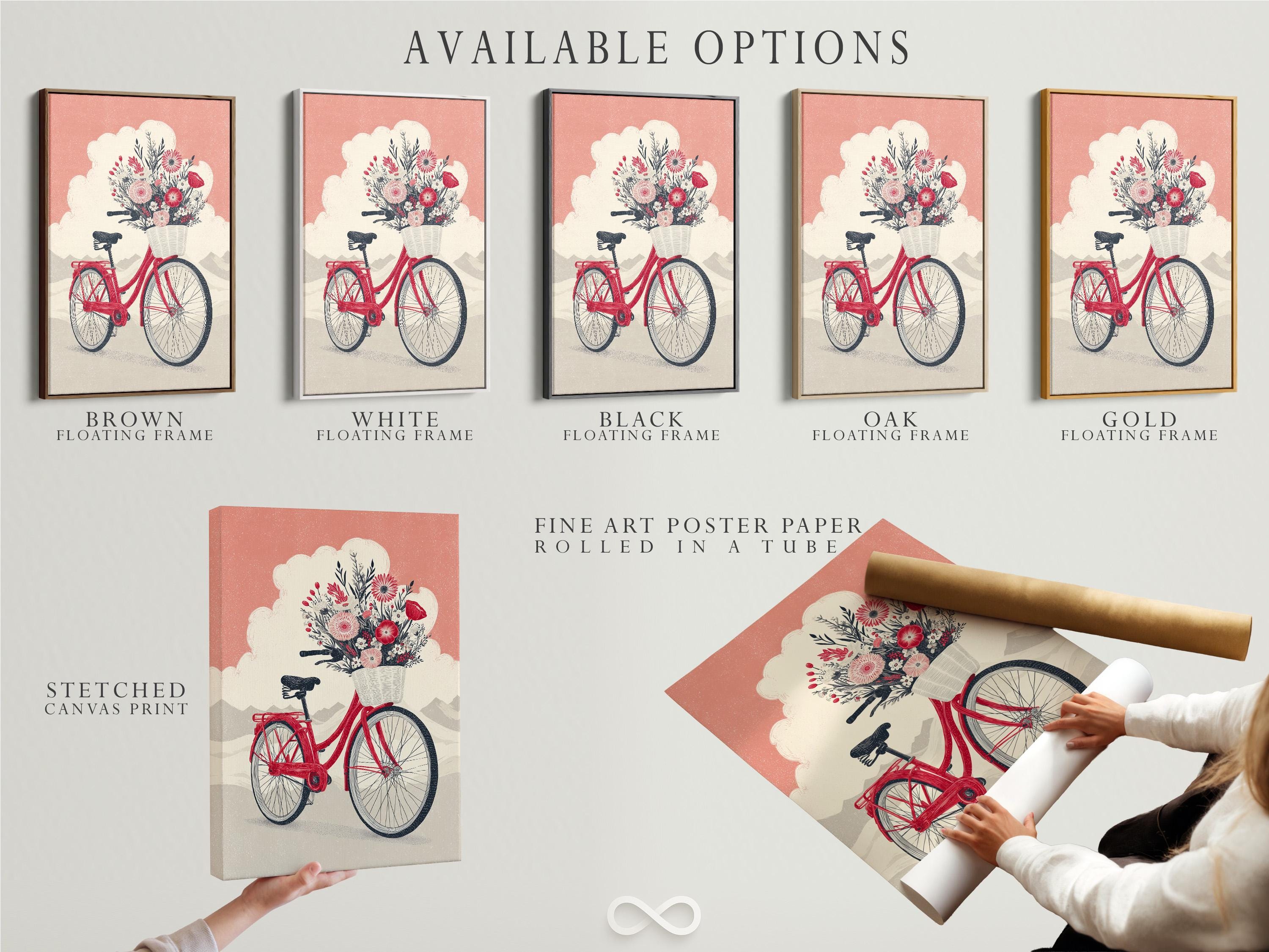 A red bicycle is decorated with a large bouquet of flowers and leaves, set against a dusty pink sky and pale landscape shapes detail view