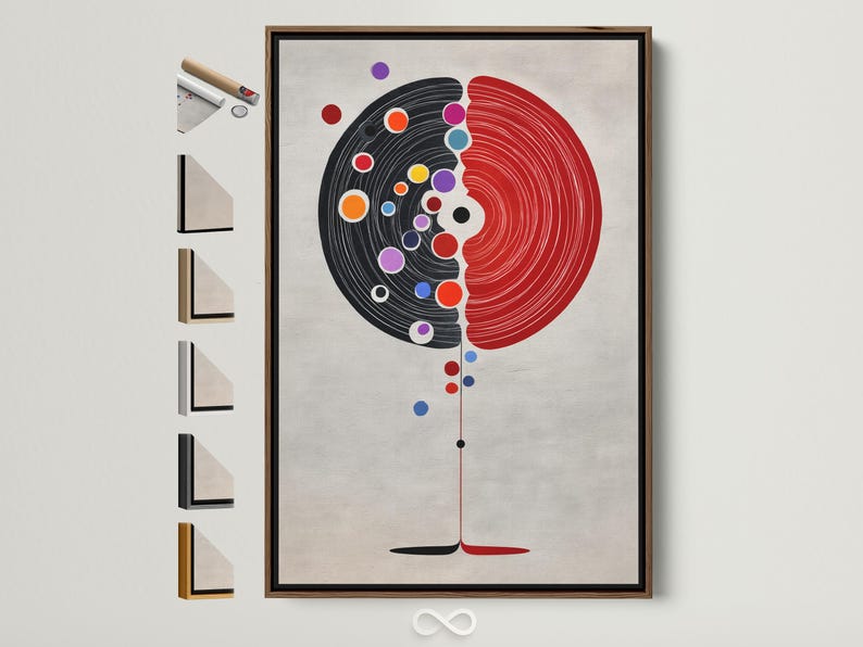 Abstract split circle design with red and black concentric arcs and colourful dot accents