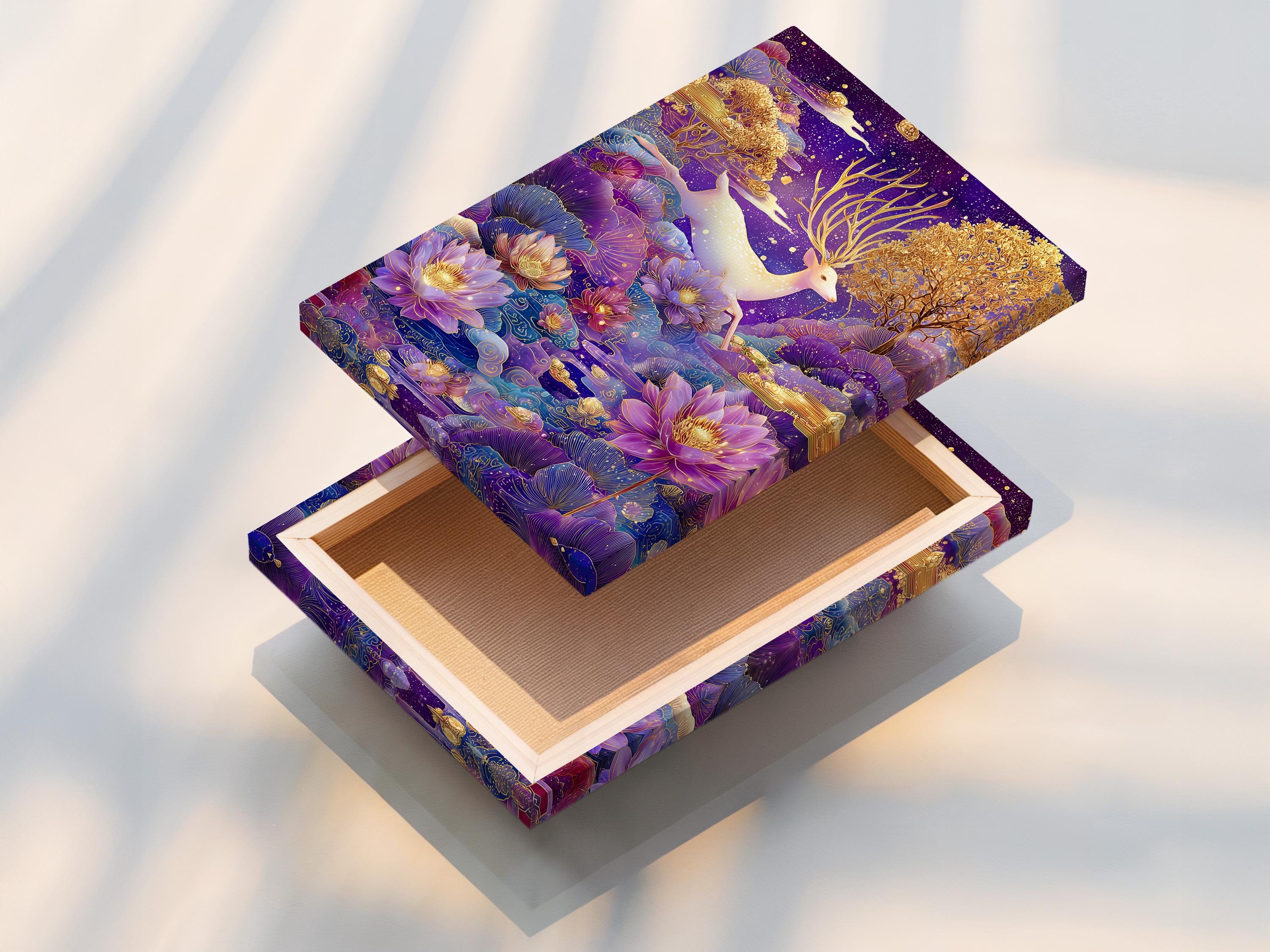 Stylised deer with gold antlers among purple lotus flowers under a starry night sky detail view