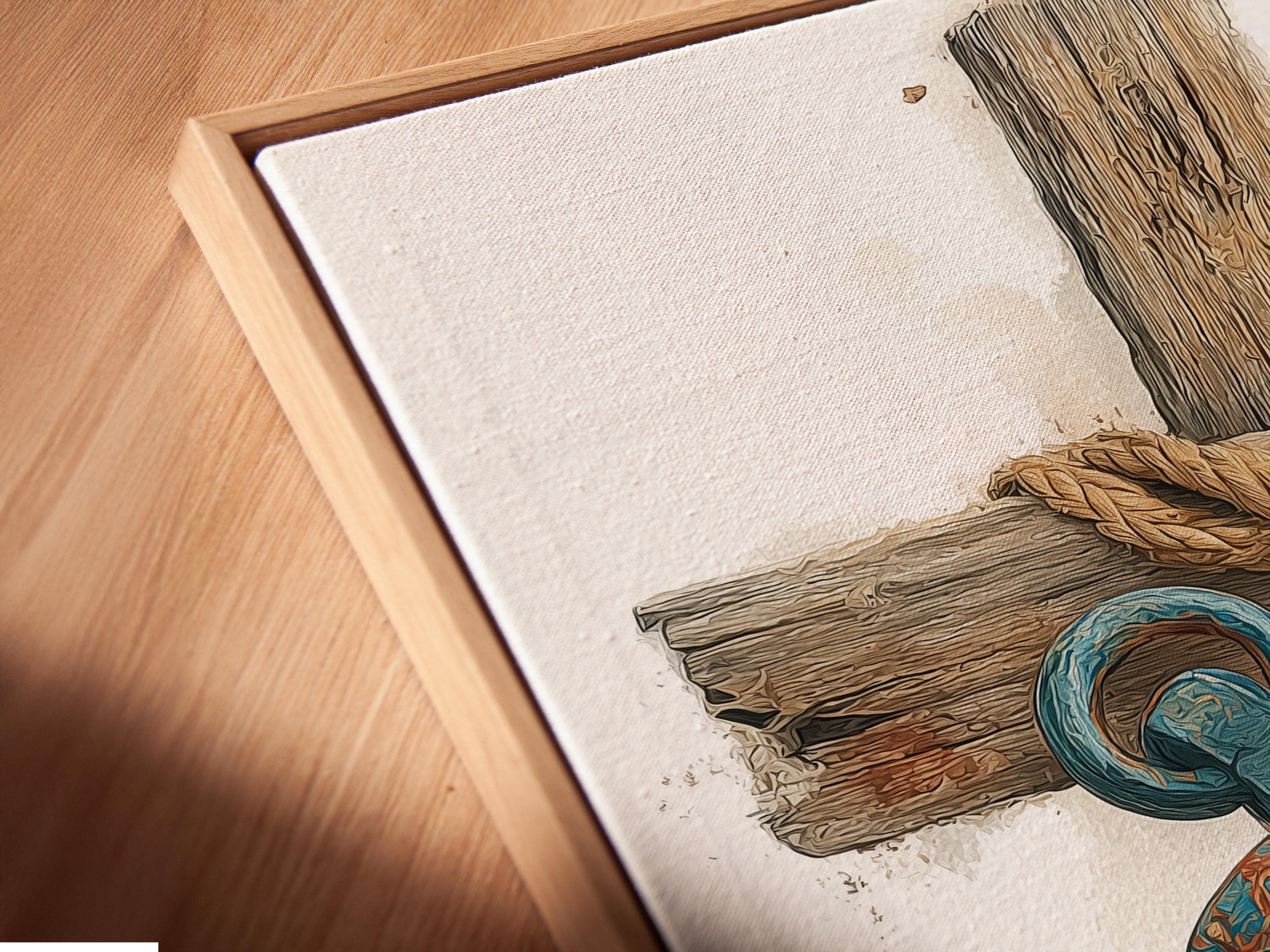 A distressed nautical illustration shows a large rope-wrapped wooden cross/anchor shape with a coiled blue rope motif and seabed tones against a pale