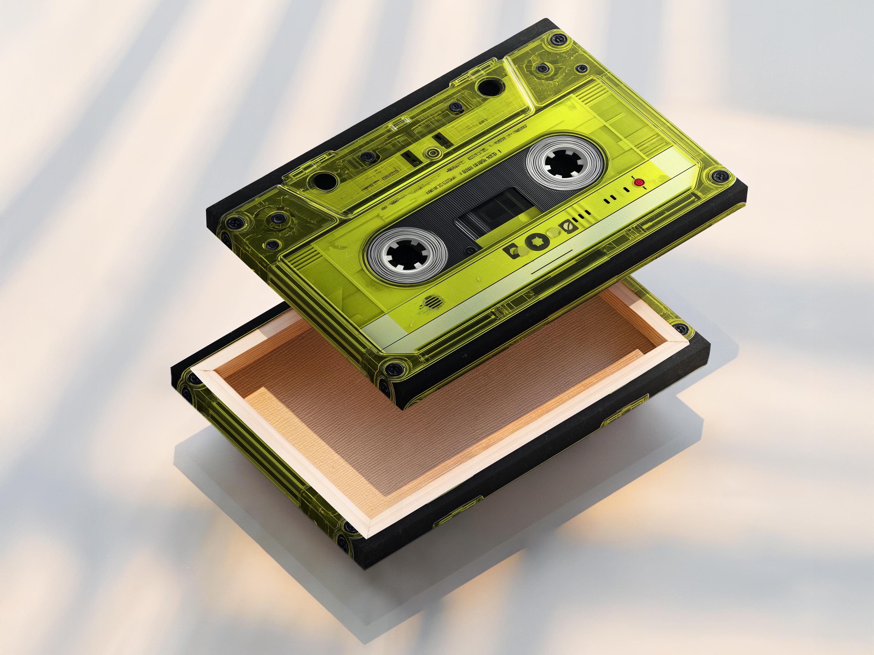 Neon lime cassette tape graphic framed in black with spool circles and a red dot detail detail view
