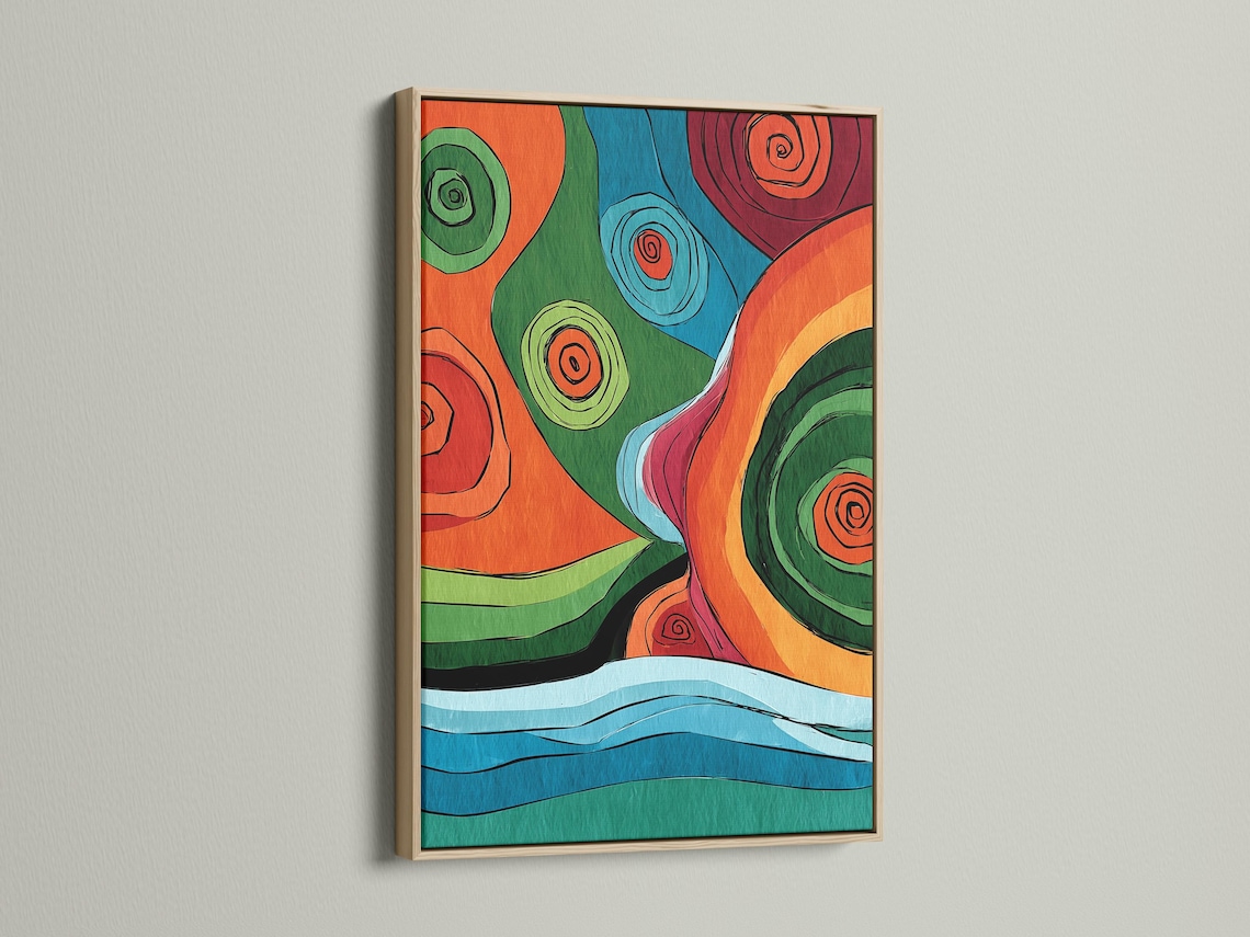 Colourful abstract artwork with overlapping circles and concentric spiral swirls in orange, green, blue and red detail view
