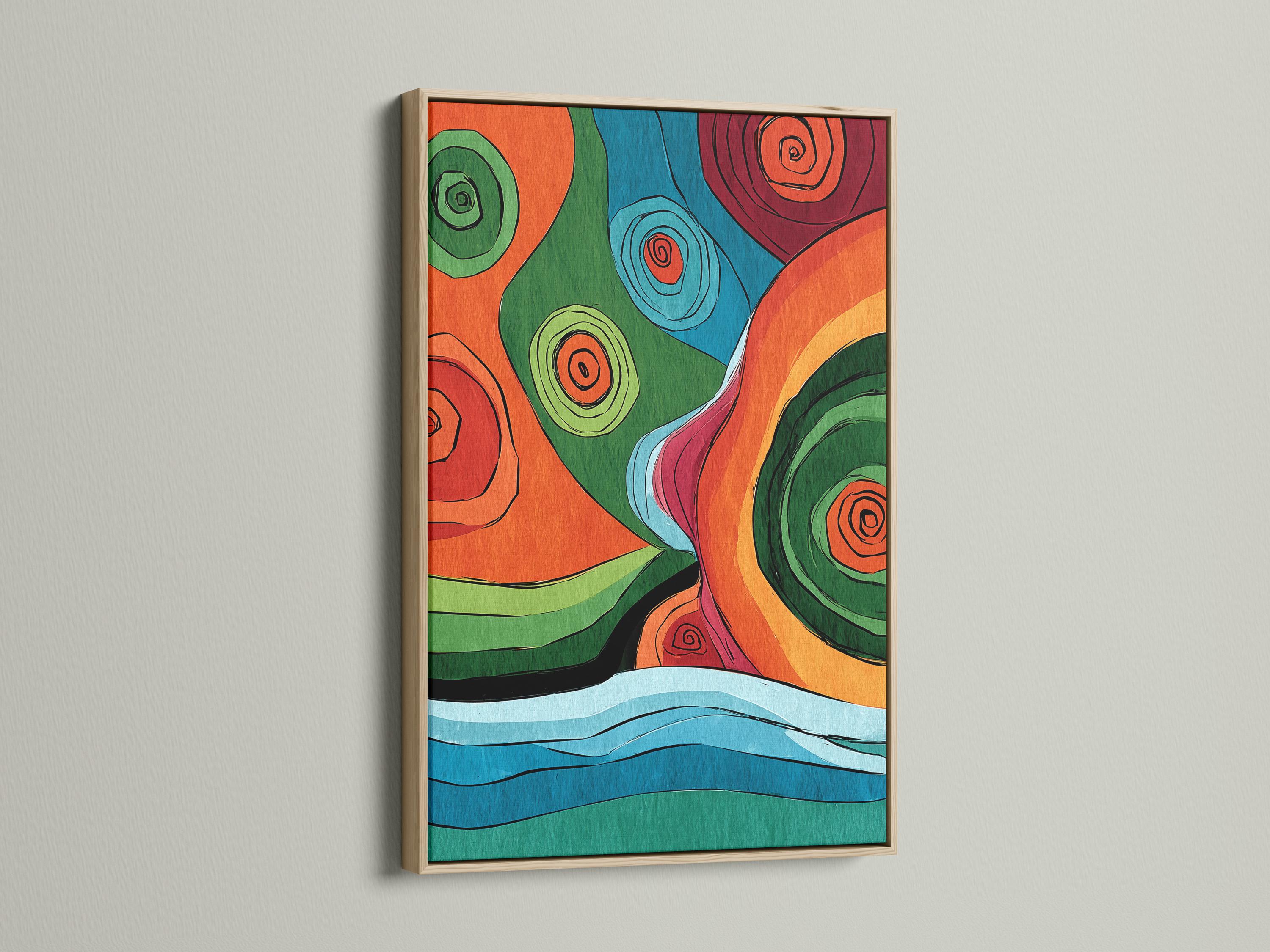 Colourful abstract artwork with overlapping circles and concentric spiral swirls in orange, green, blue and red detail view