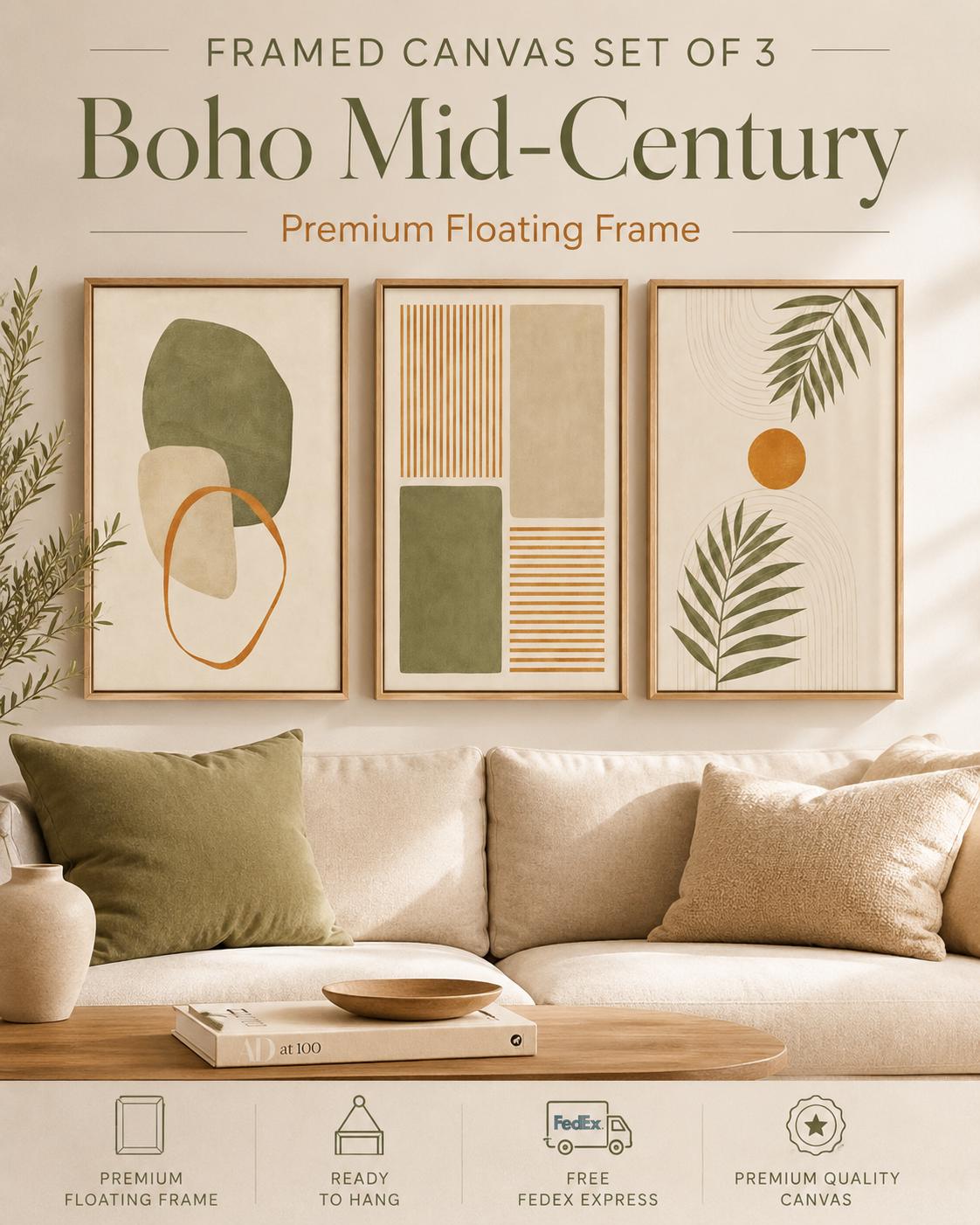 A set of three framed botanical-style artworks shows abstract leaf shapes, geometric blocks and lines in muted greens and terracotta on light detail