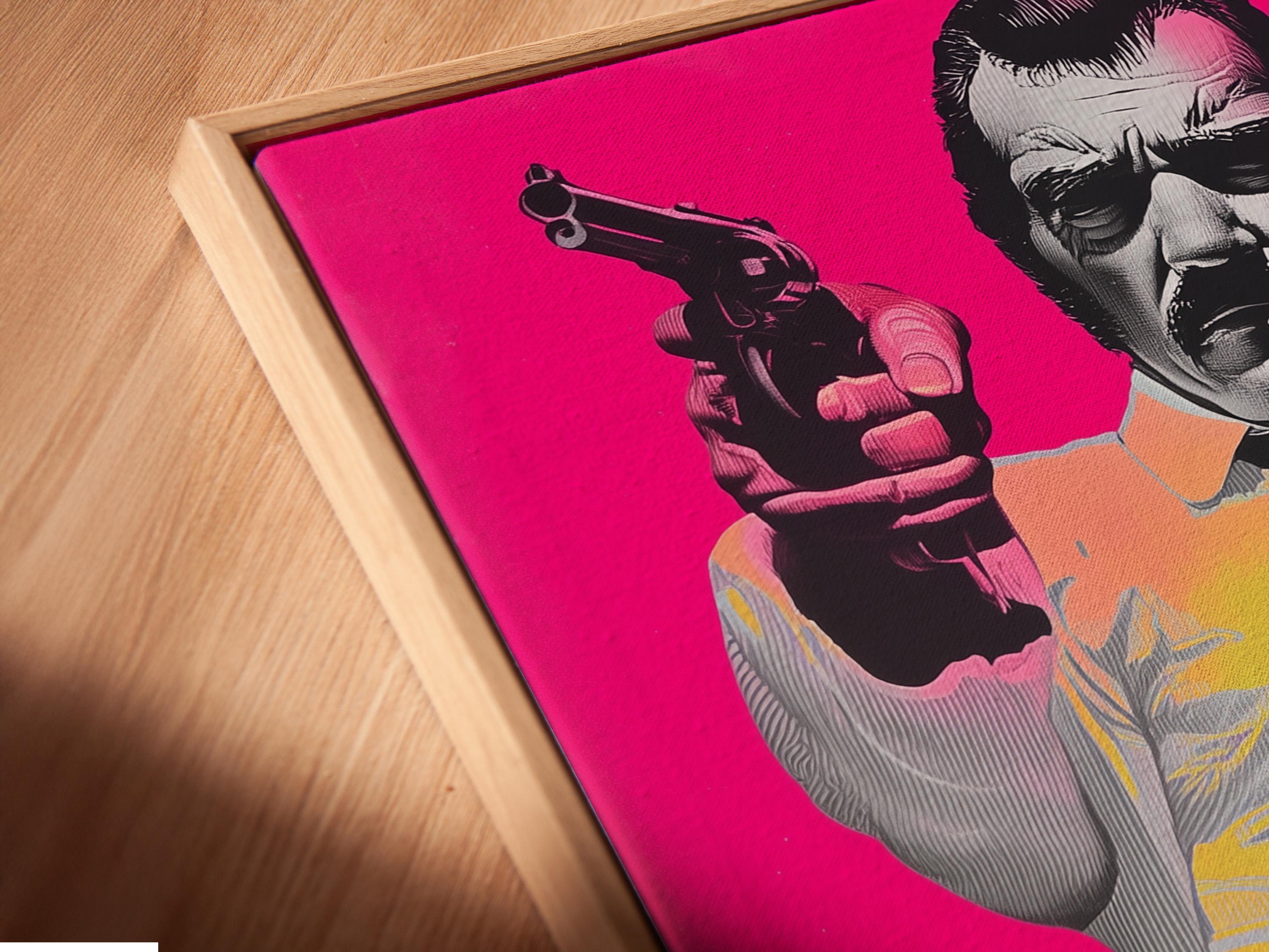Hot-pink pop-art portrait of a man holding a handgun in black-and-white halftone style detail view