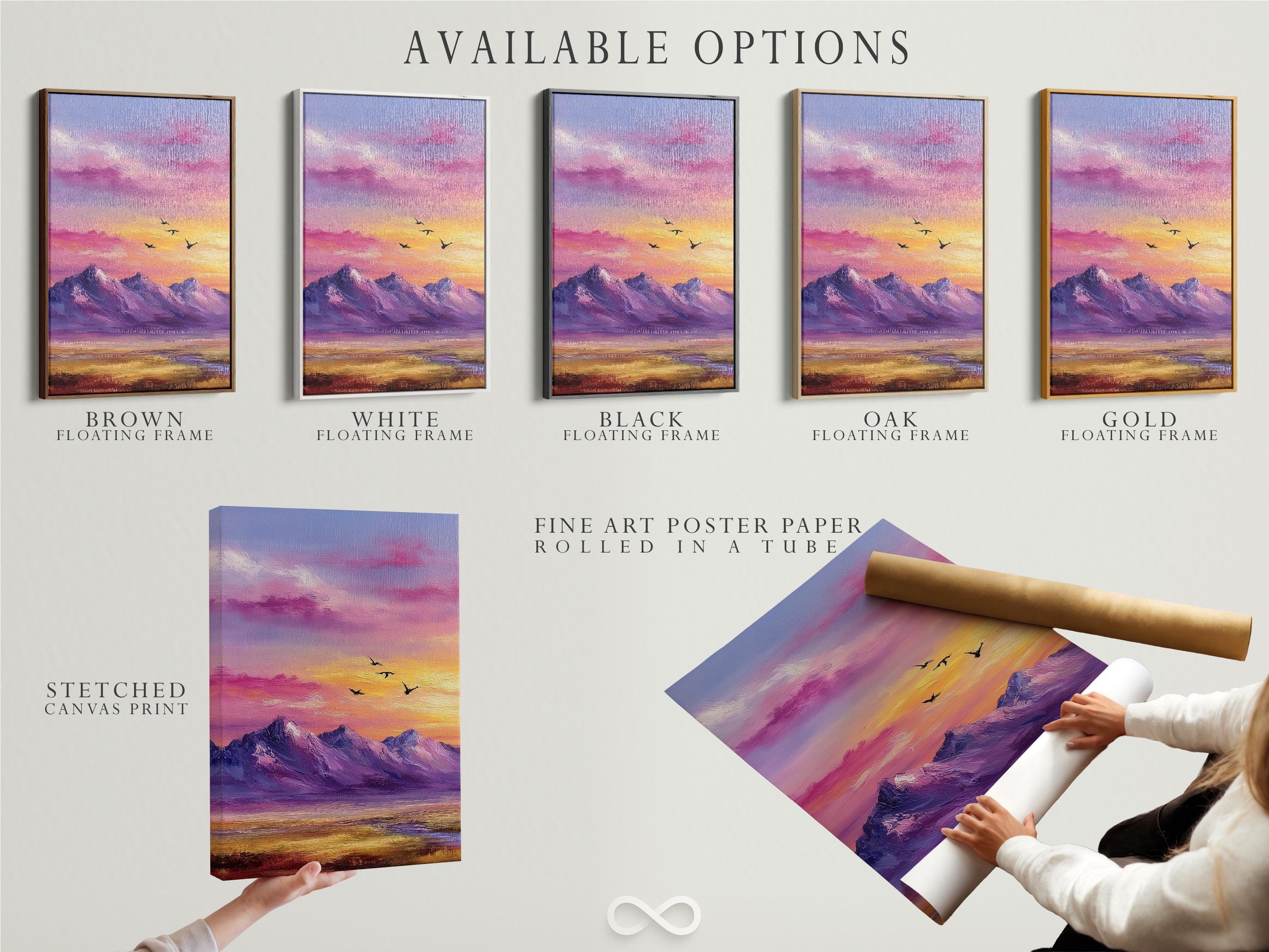 A framed mountain sunset illustration with purple, pink and gold skies and small black birds detail view