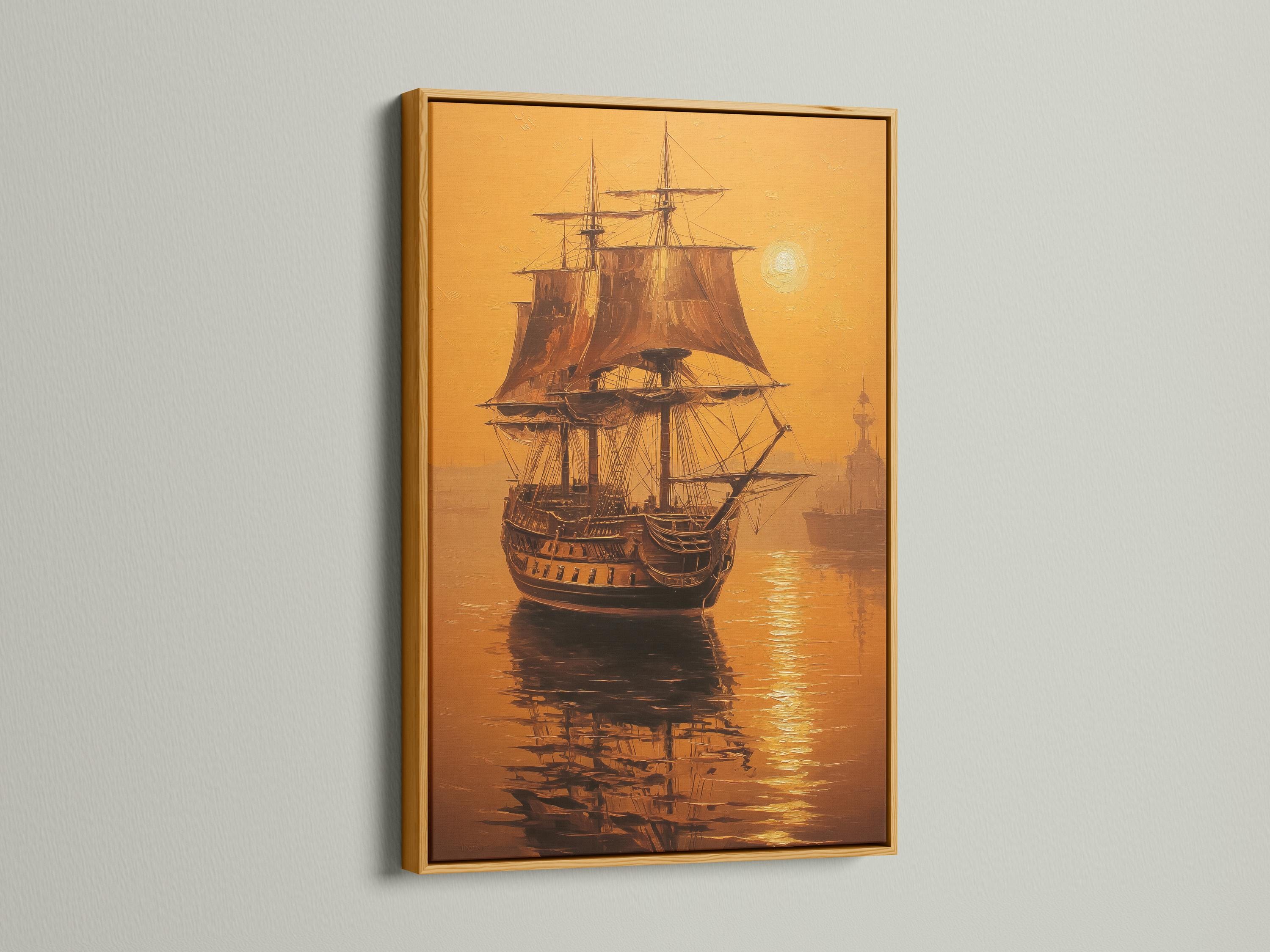 Sailing ship at sea in warm gold and brown tones with a bright pale disc and water reflections detail view