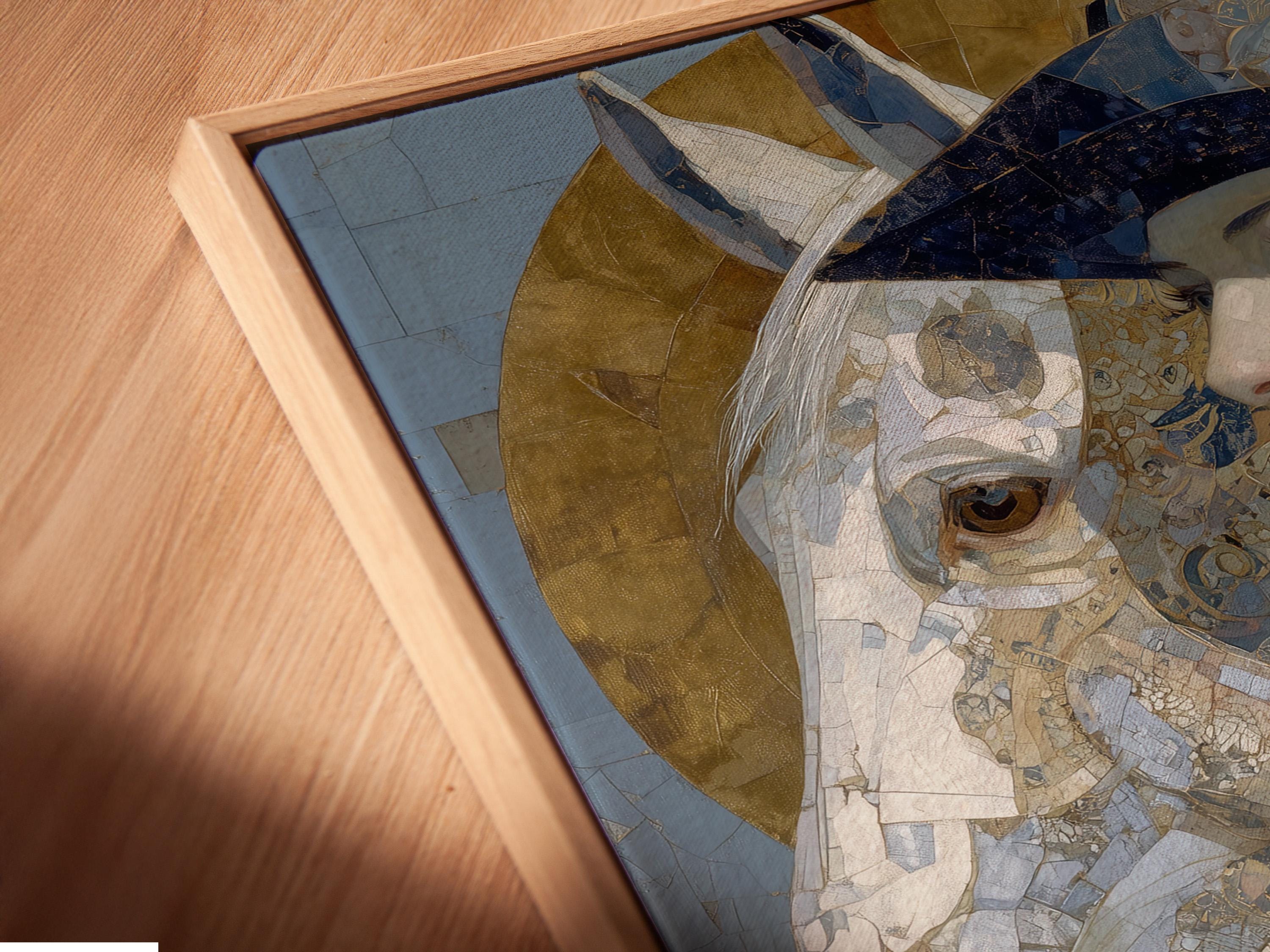Ornamental blue and gold portrait showing a woman in profile with a horse head beside her detail view
