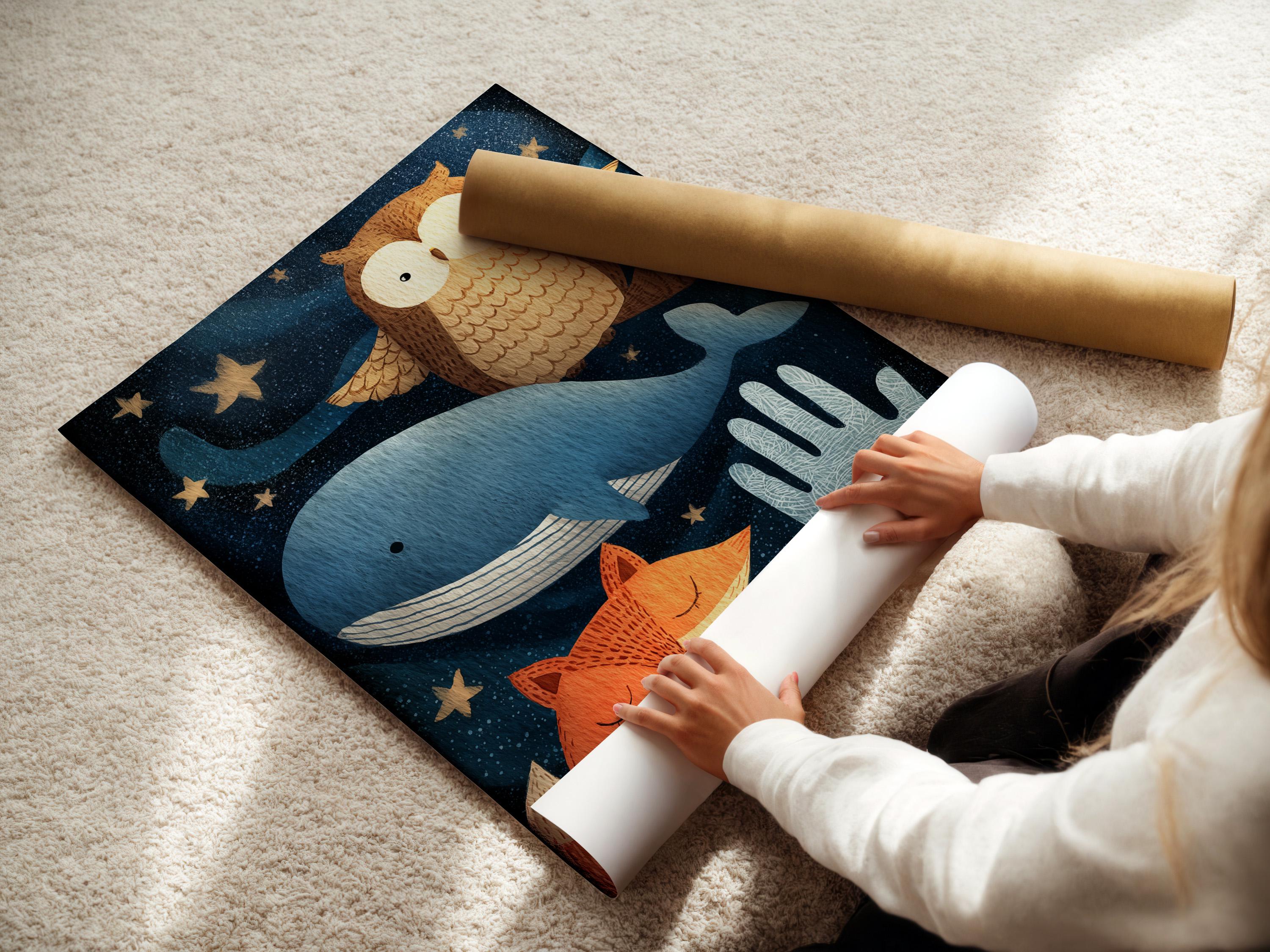 Owl perched above a blue whale with a smiling fox under starry night sky detail view