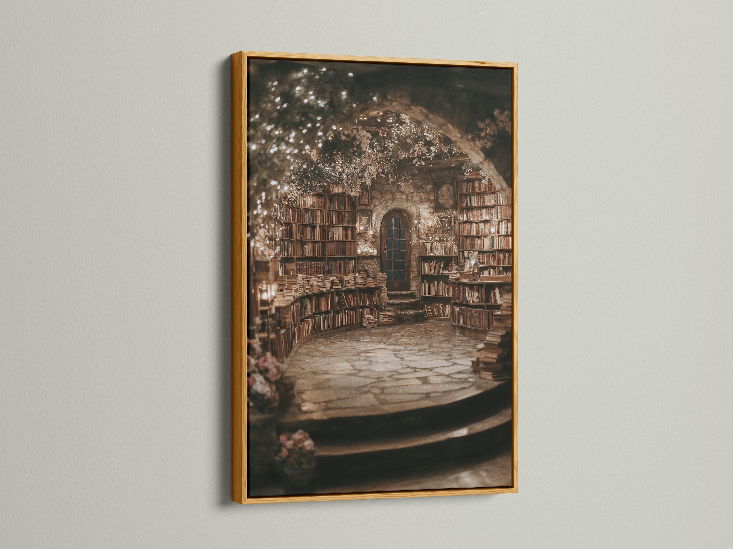 Portrait view of a warmly lit vintage library interior with bookcases and golden sparkles detail view