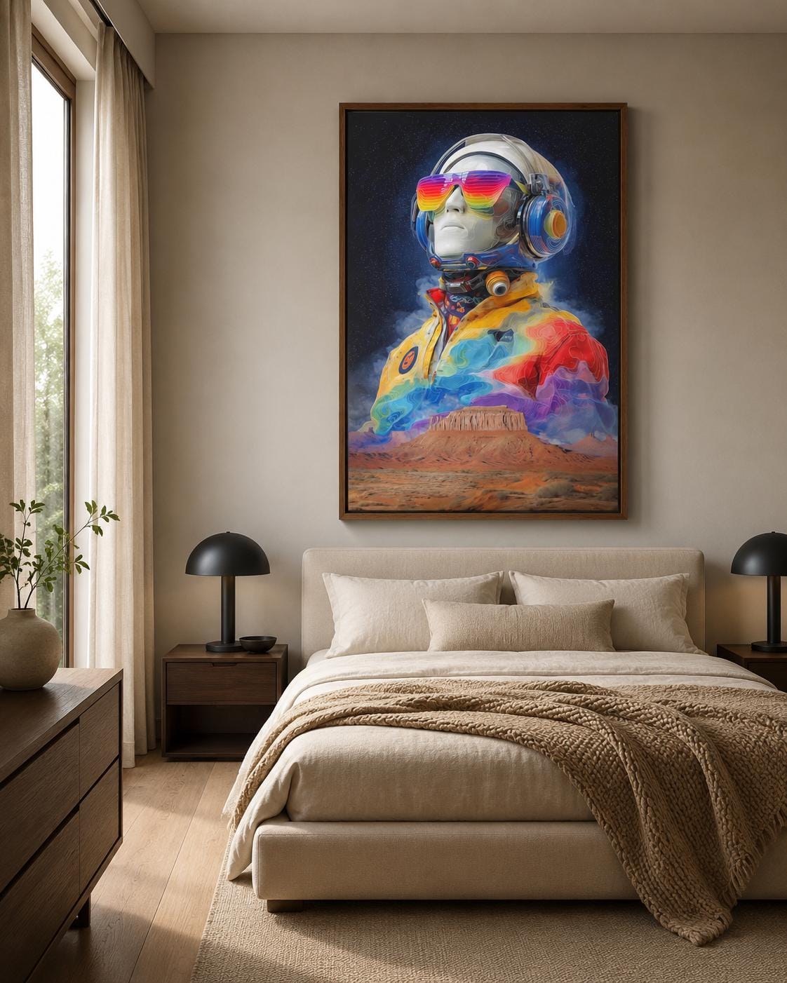 Futuristic astronaut standing in a desert under a dark starry sky with rainbow colours on the helmet and suit detail view