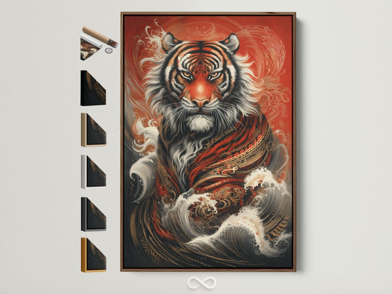 Tiger portrait artwork with red background, swirling wave designs, and gold and white highlights