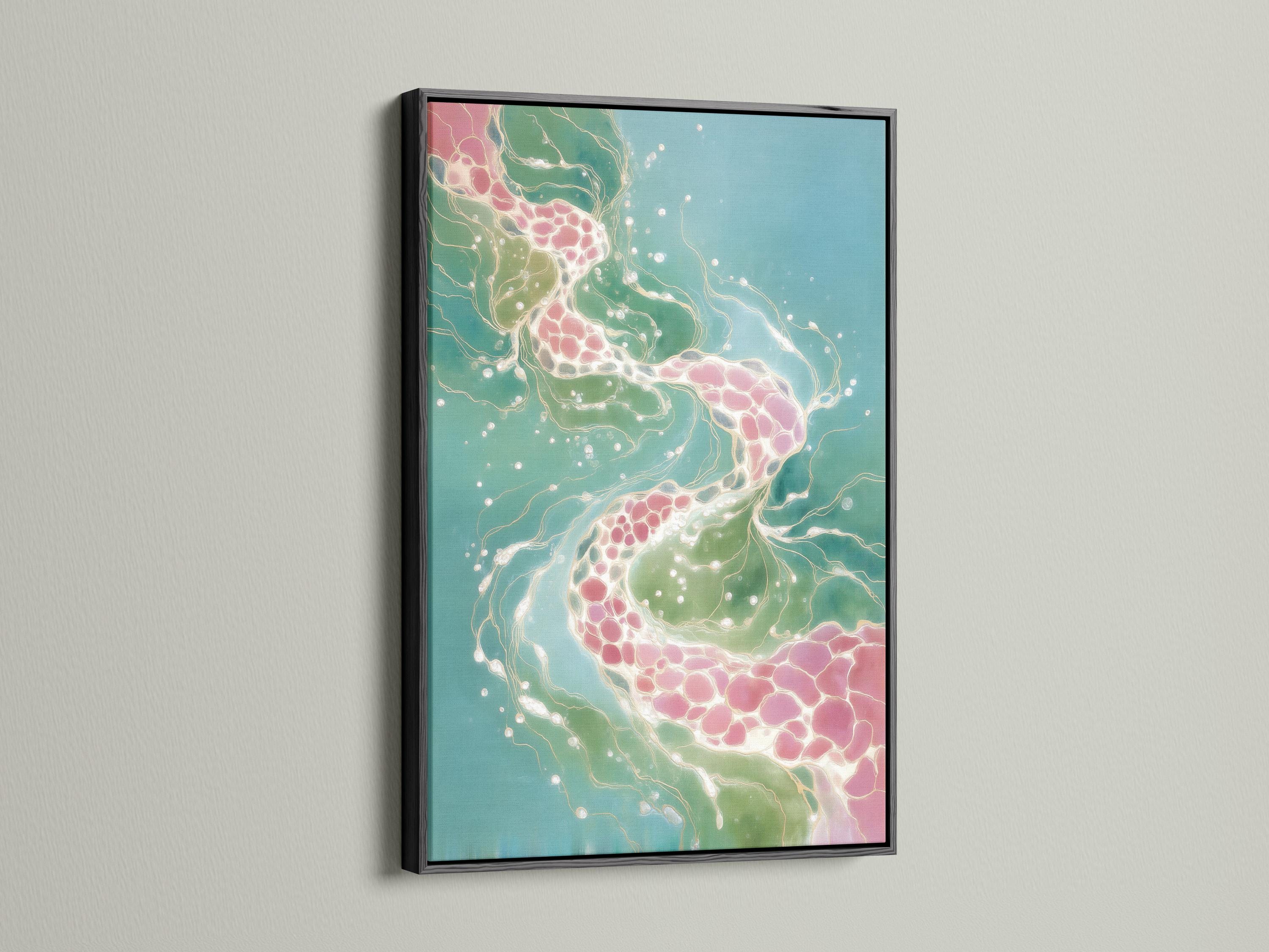 Teal abstract artwork with flowing white lines and blush pink clusters detail view