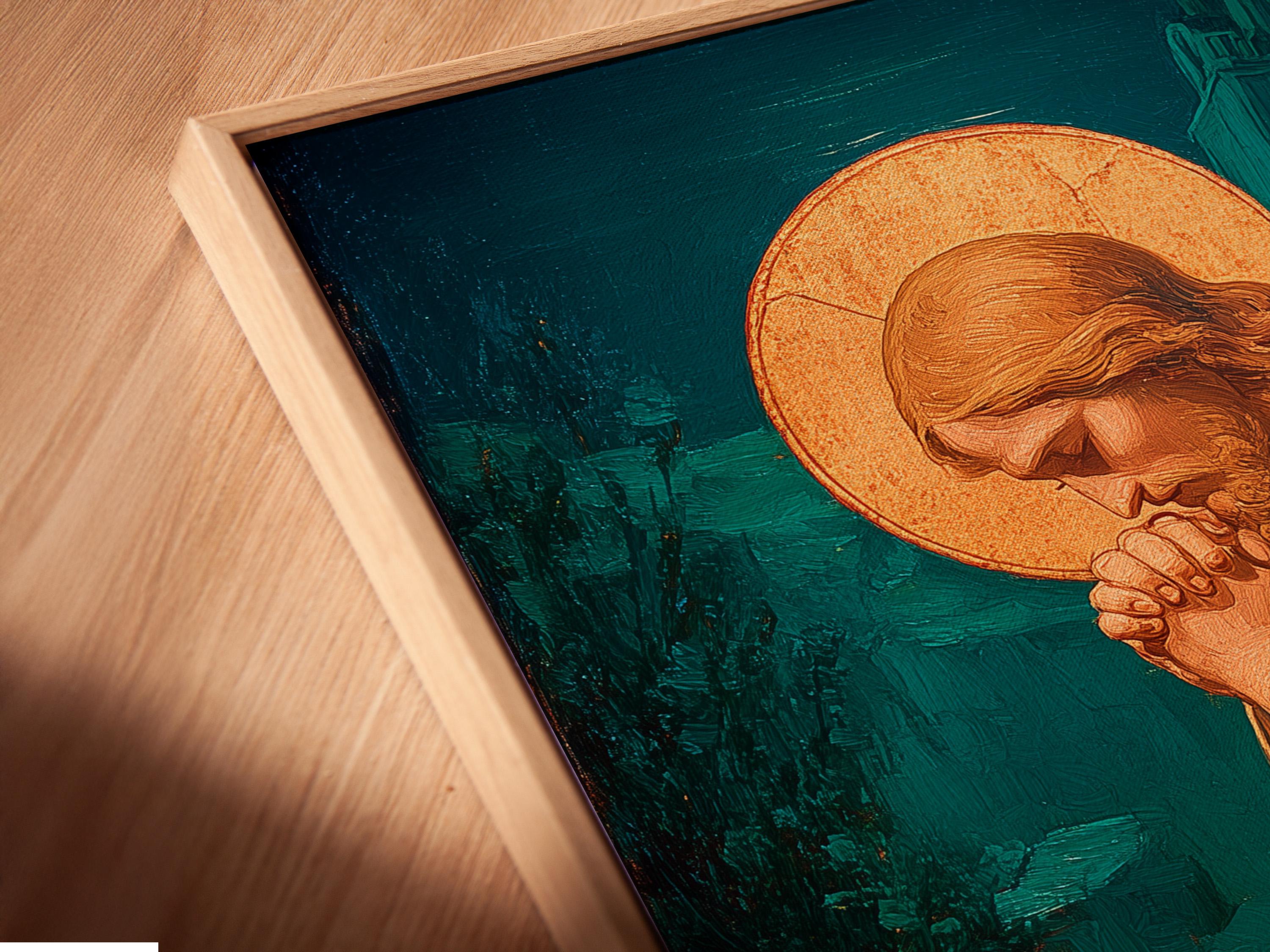 Wall mockup showing a framed painting with a praying figure and gold halo on a beige wall