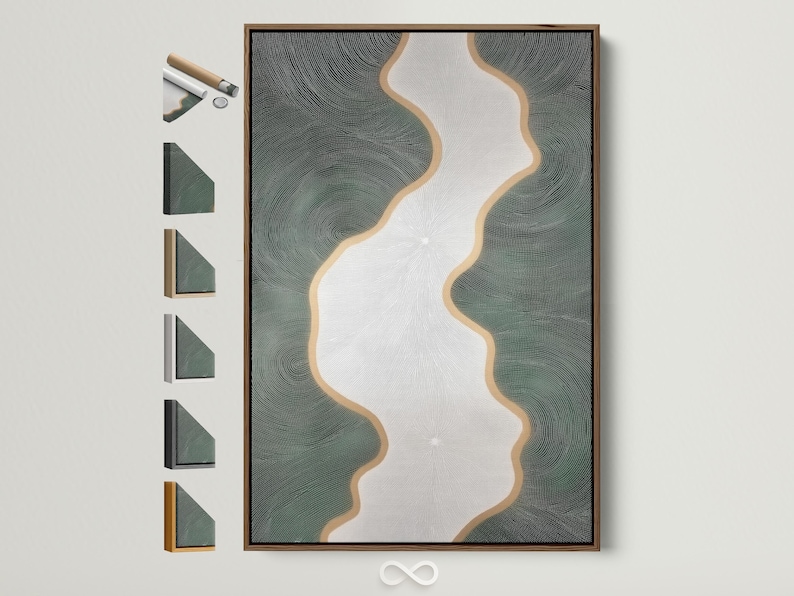 Minimalist abstract river flow artwork with ivory channel and sage-green ripple texture