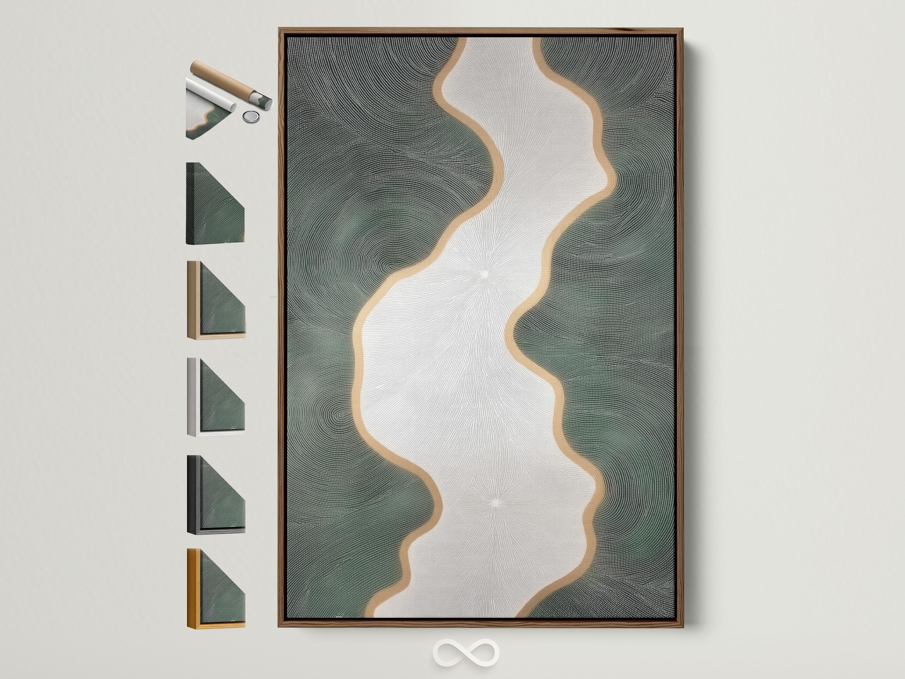 Minimalist abstract river flow artwork with ivory channel and sage-green ripple texture