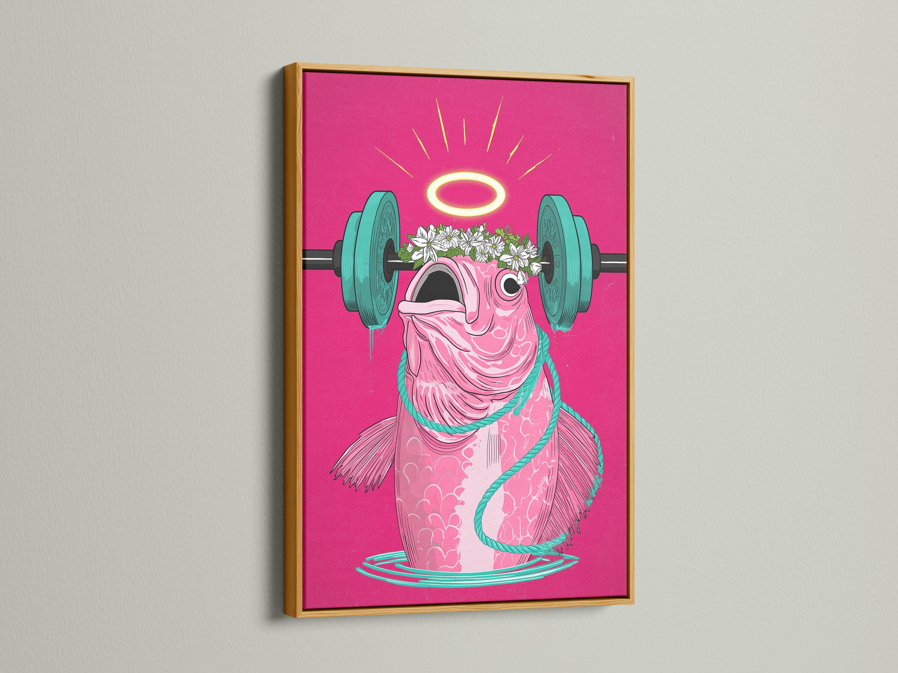 Stylised pink fish lifting a teal barbell with a yellow halo and white flowers detail view