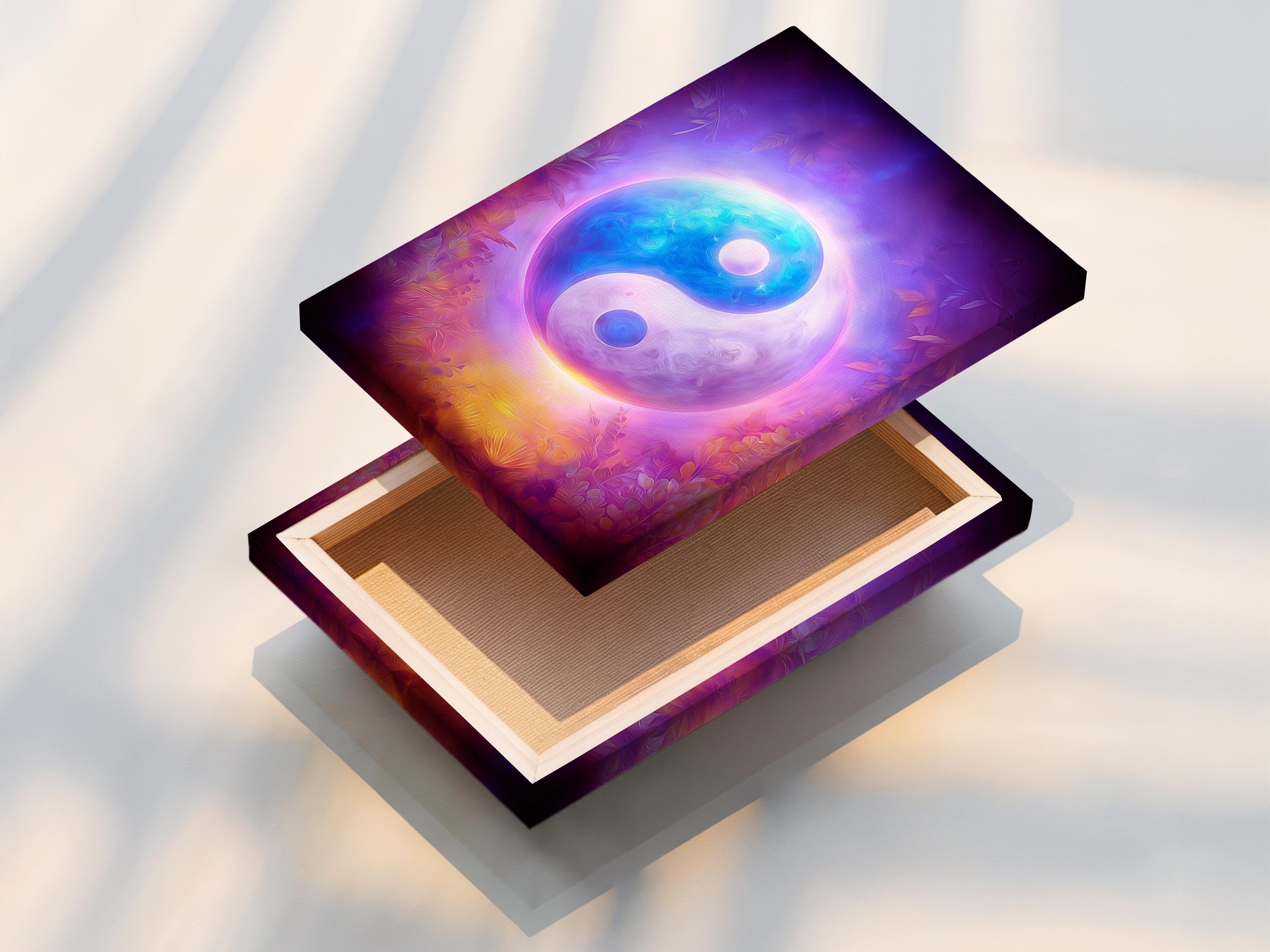 Room mockup showing a glowing purple and blue yin-yang artwork on a wall