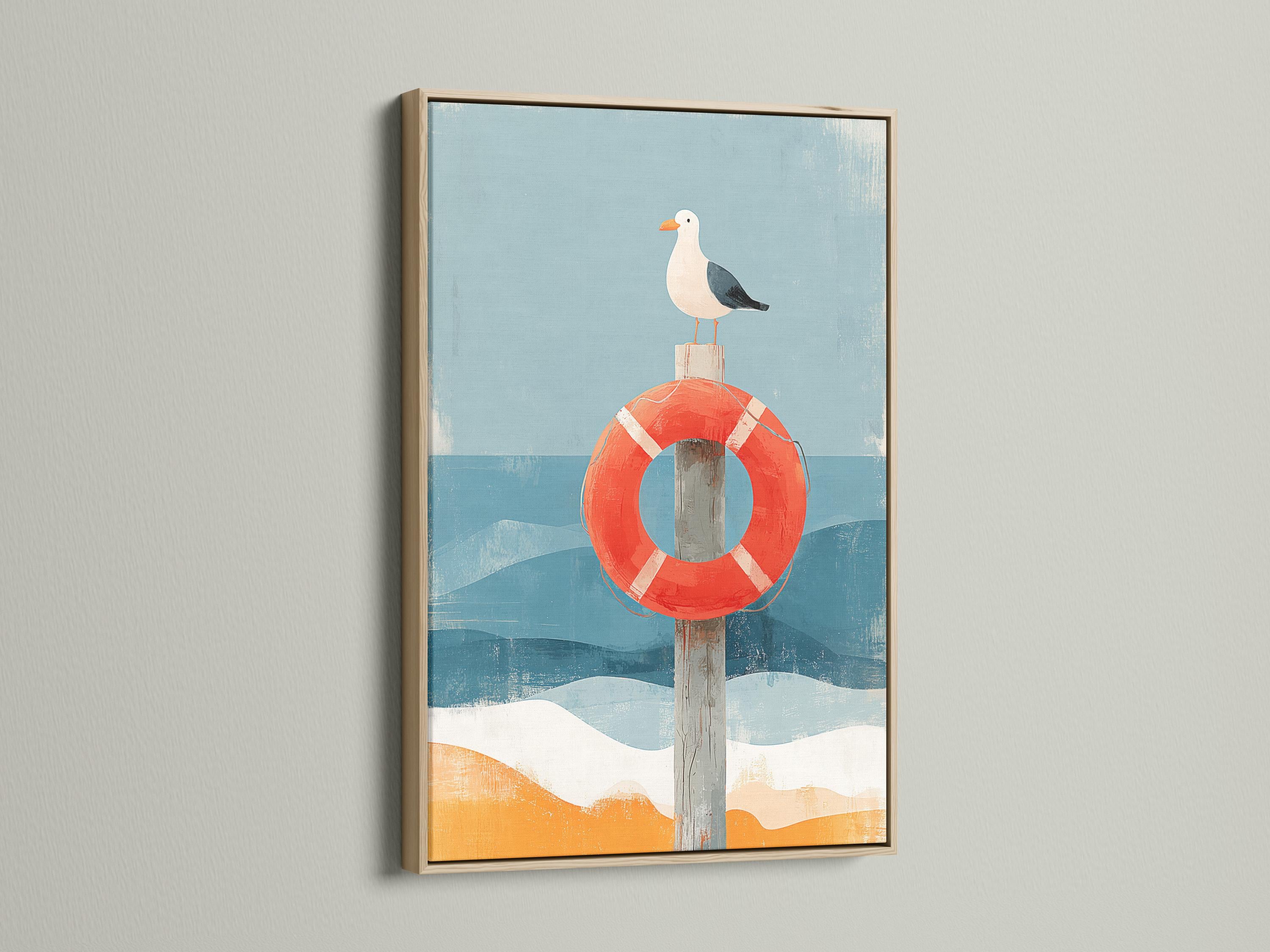 Room mockup featuring framed seagull and lifebuoy artwork with blue waves and sand tones