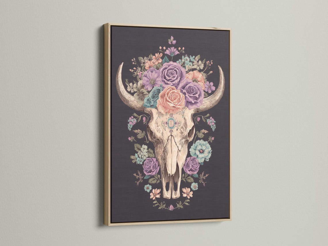 Pastel floral bull skull wall art with a rose crown and horns on a dark background detail view