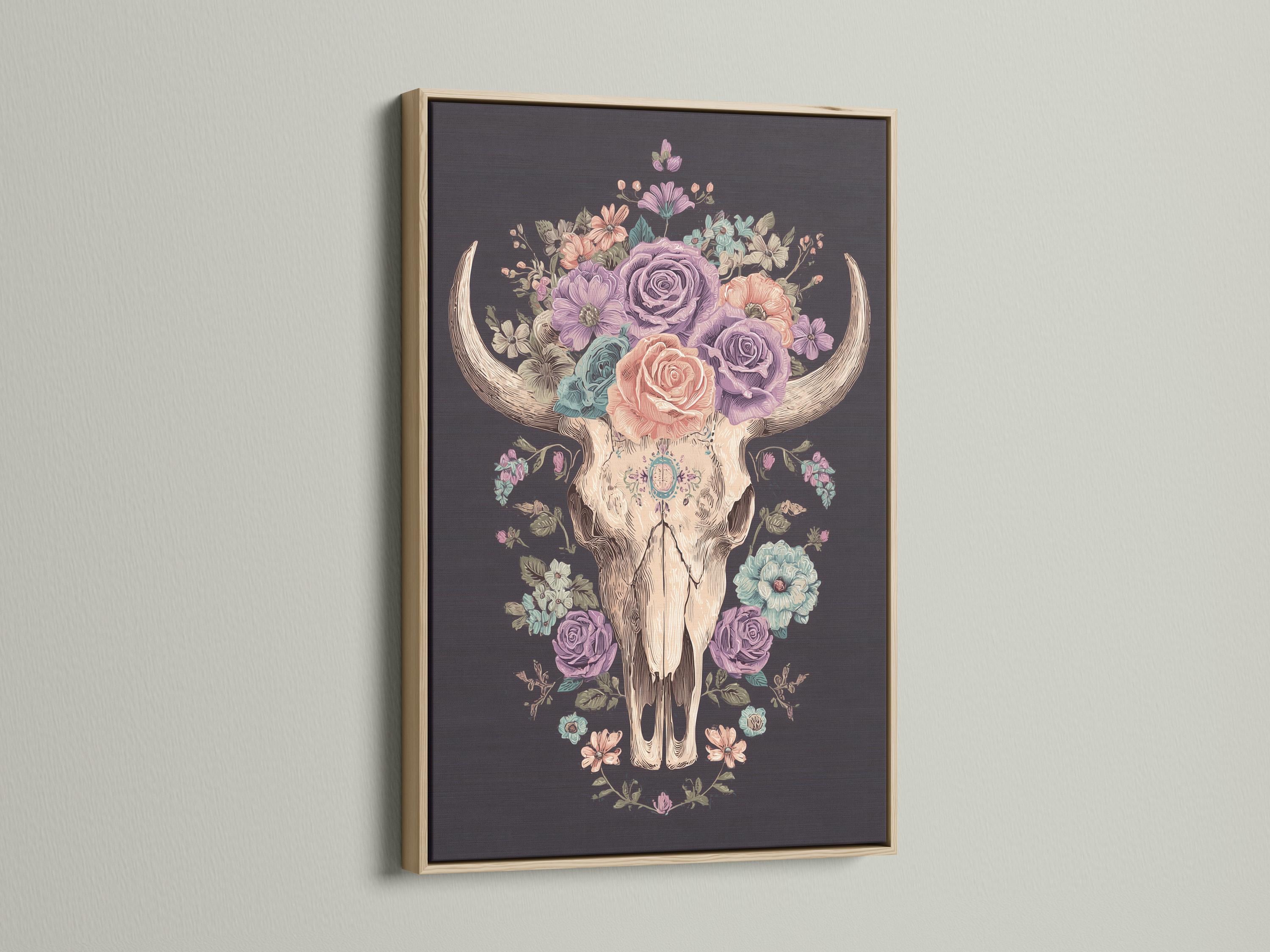 Pastel floral bull skull wall art with a rose crown and horns on a dark background detail view