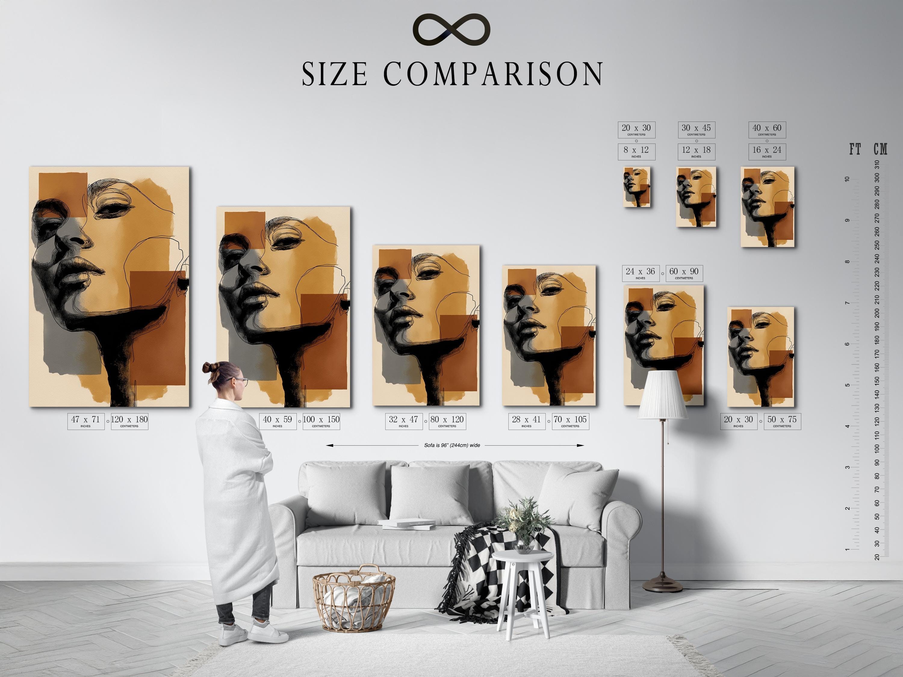 Room mockup showing a framed minimalist abstract face artwork with neutral earth-tone blocks