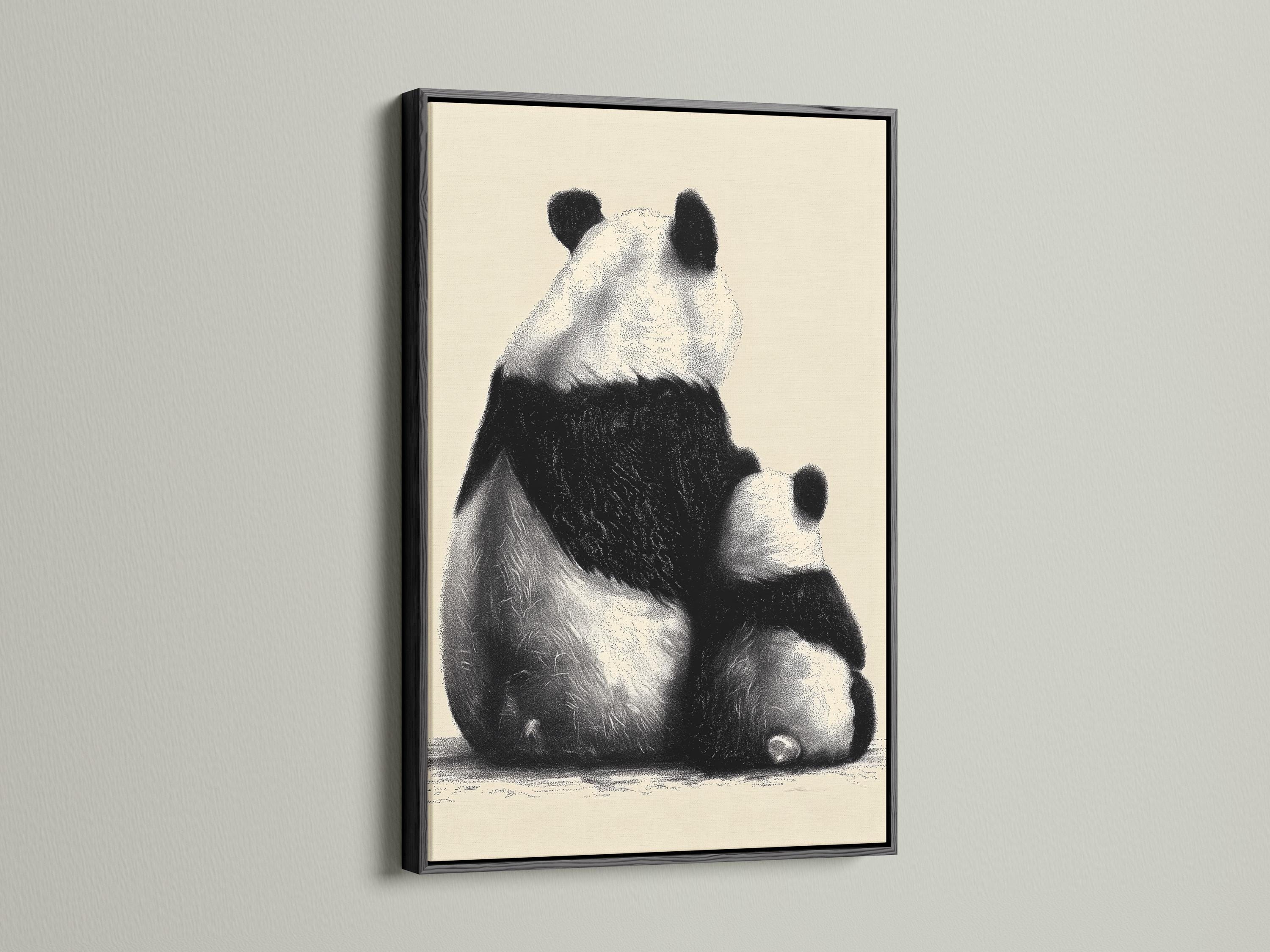 Wall mockup showing a framed panda portrait artwork in black and beige