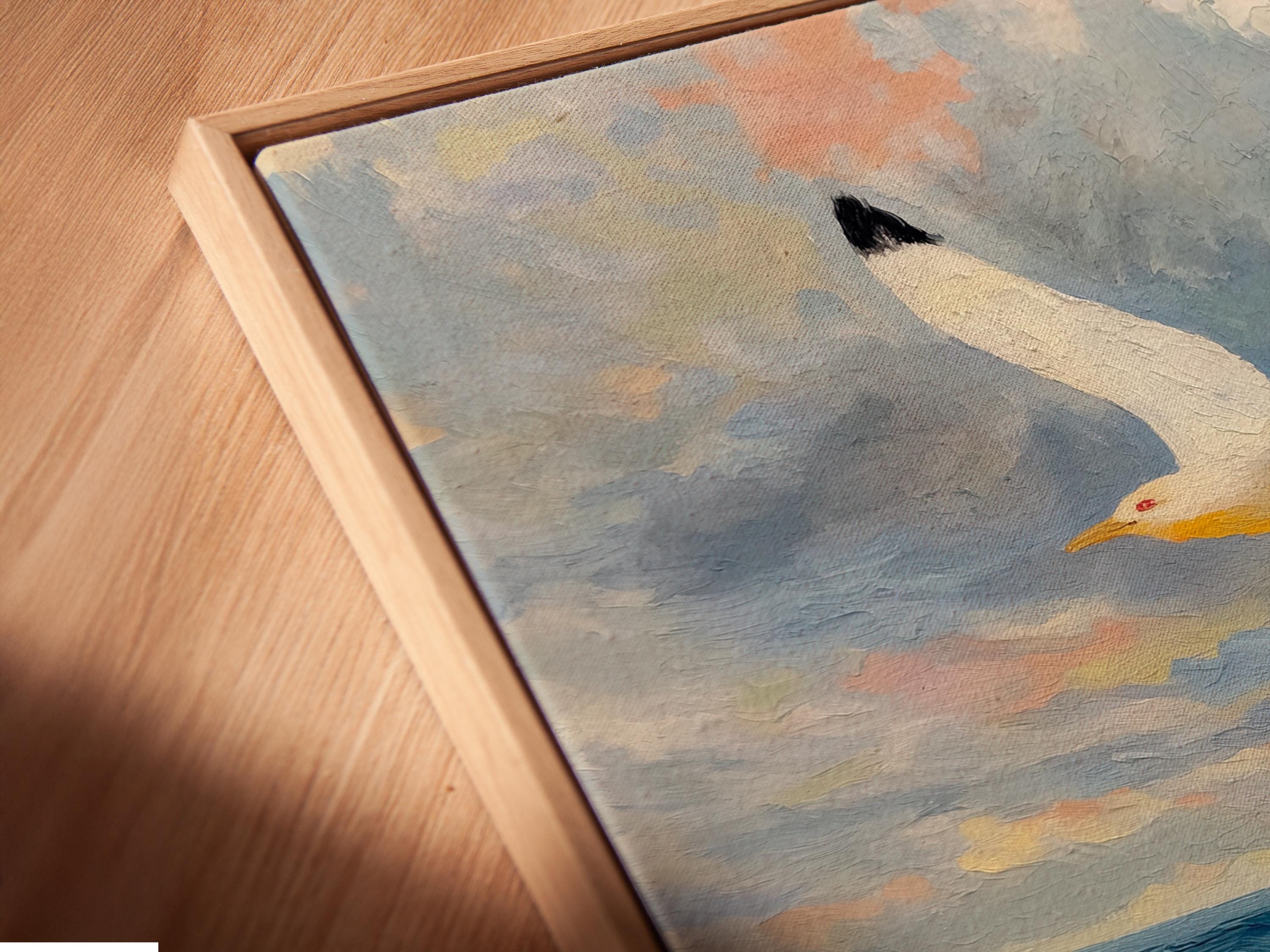 Painterly seagull flying above blue ocean waves with white foam and cloudy sky detail view